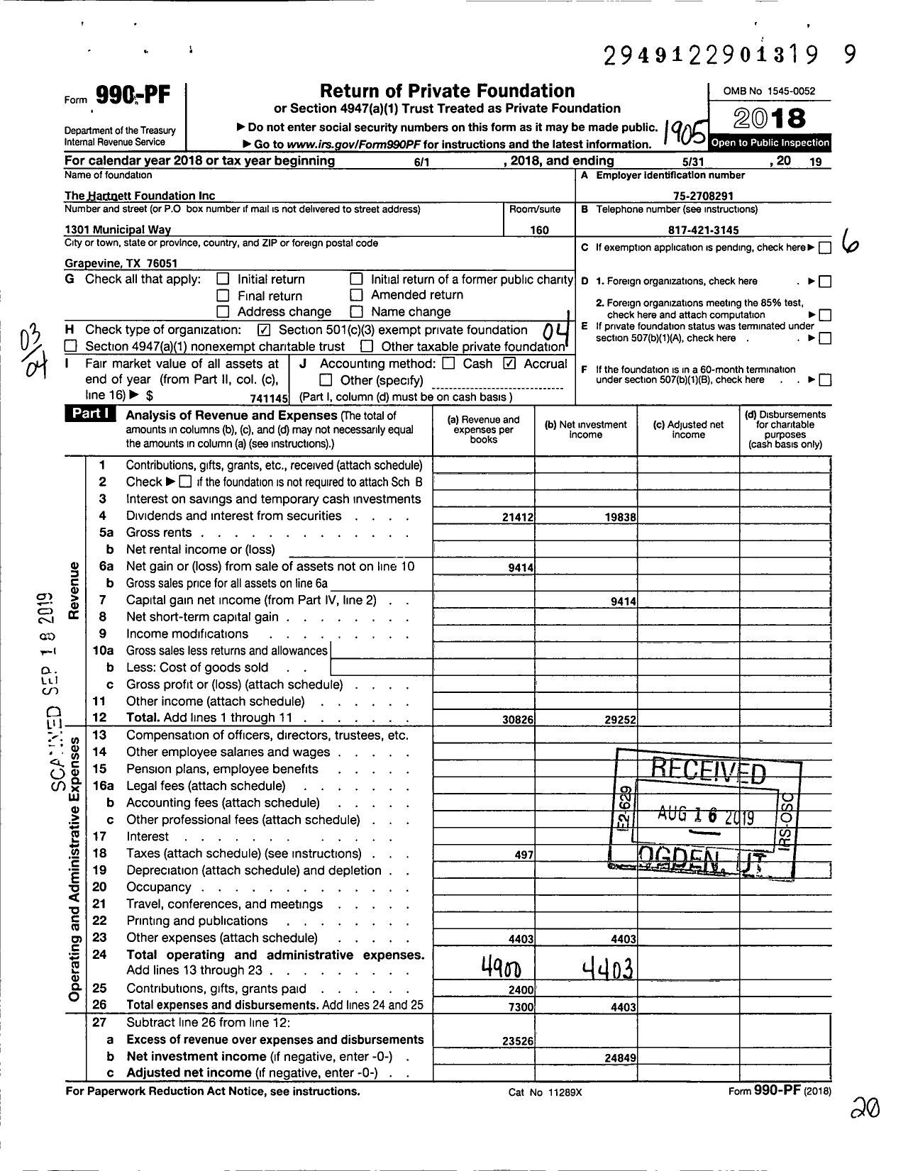 Image of first page of 2018 Form 990PF for Hartnett Foundation