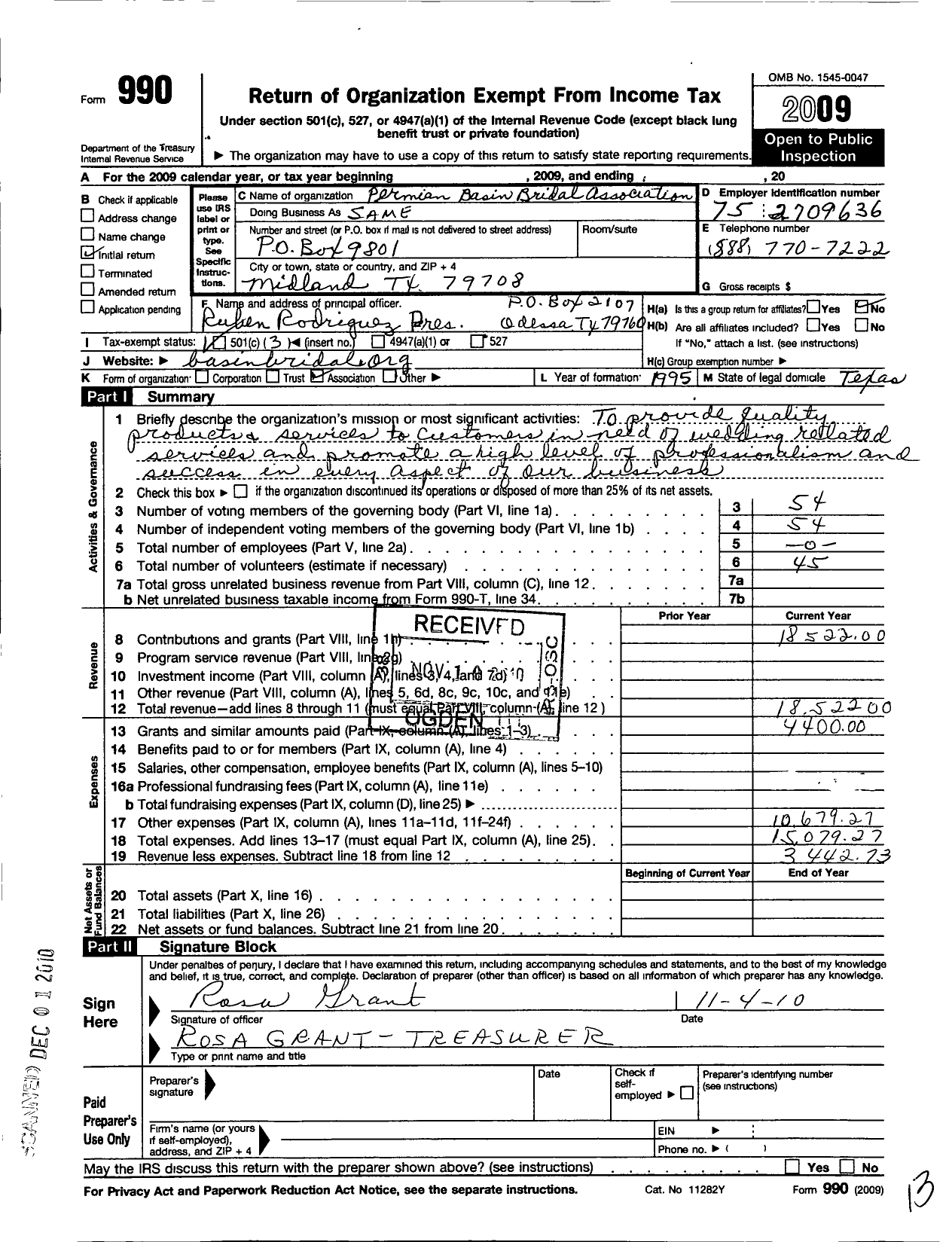 Image of first page of 2009 Form 990 for Permian Basin Briadal Association