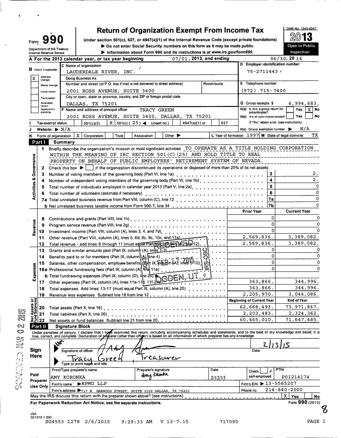 Image of first page of 2013 Form 990O for Lauderdale River