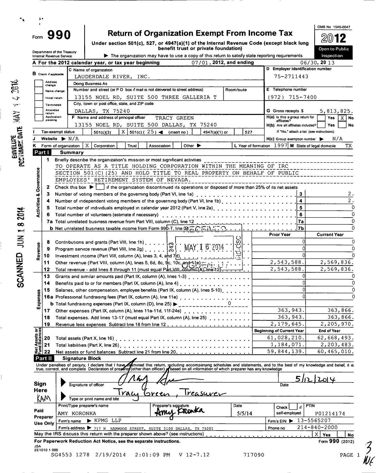 Image of first page of 2012 Form 990O for Lauderdale River