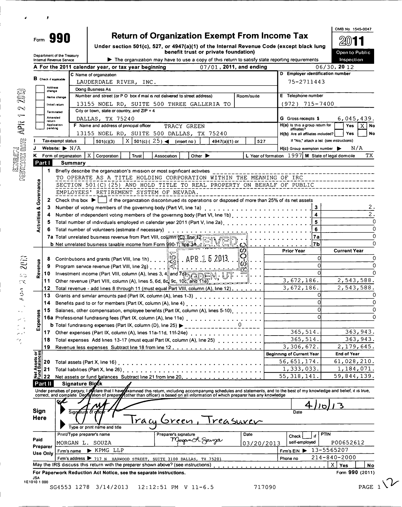 Image of first page of 2011 Form 990O for Lauderdale River