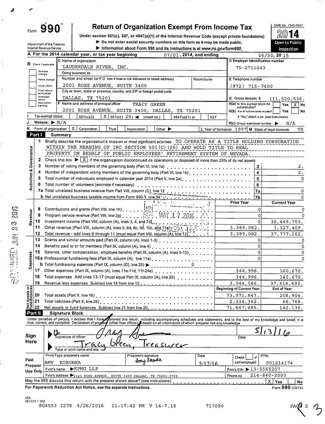 Image of first page of 2014 Form 990O for Lauderdale River