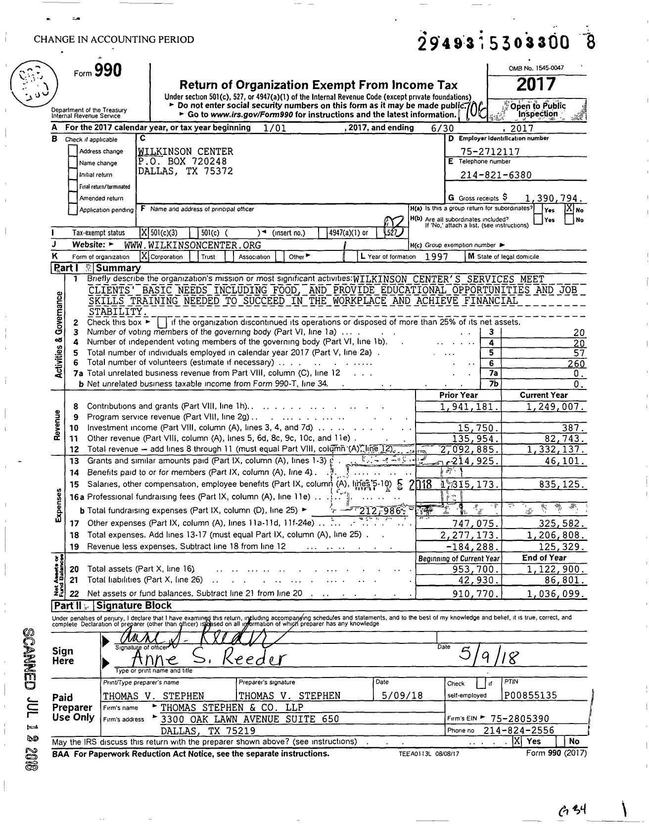 Image of first page of 2016 Form 990 for Wilkinson Center