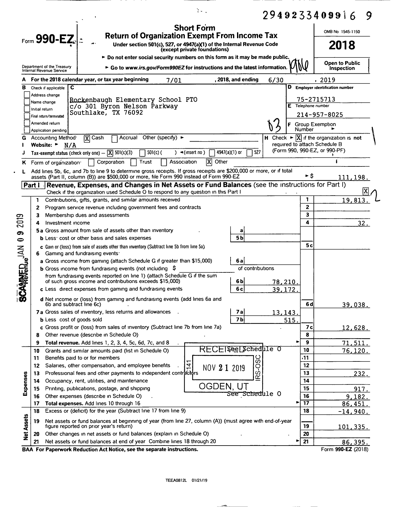 Image of first page of 2018 Form 990EZ for Rockenbaugh Elementary School Pto