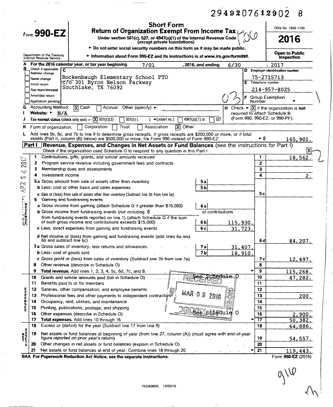 Image of first page of 2016 Form 990EZ for Rockenbaugh Elementary School Pto