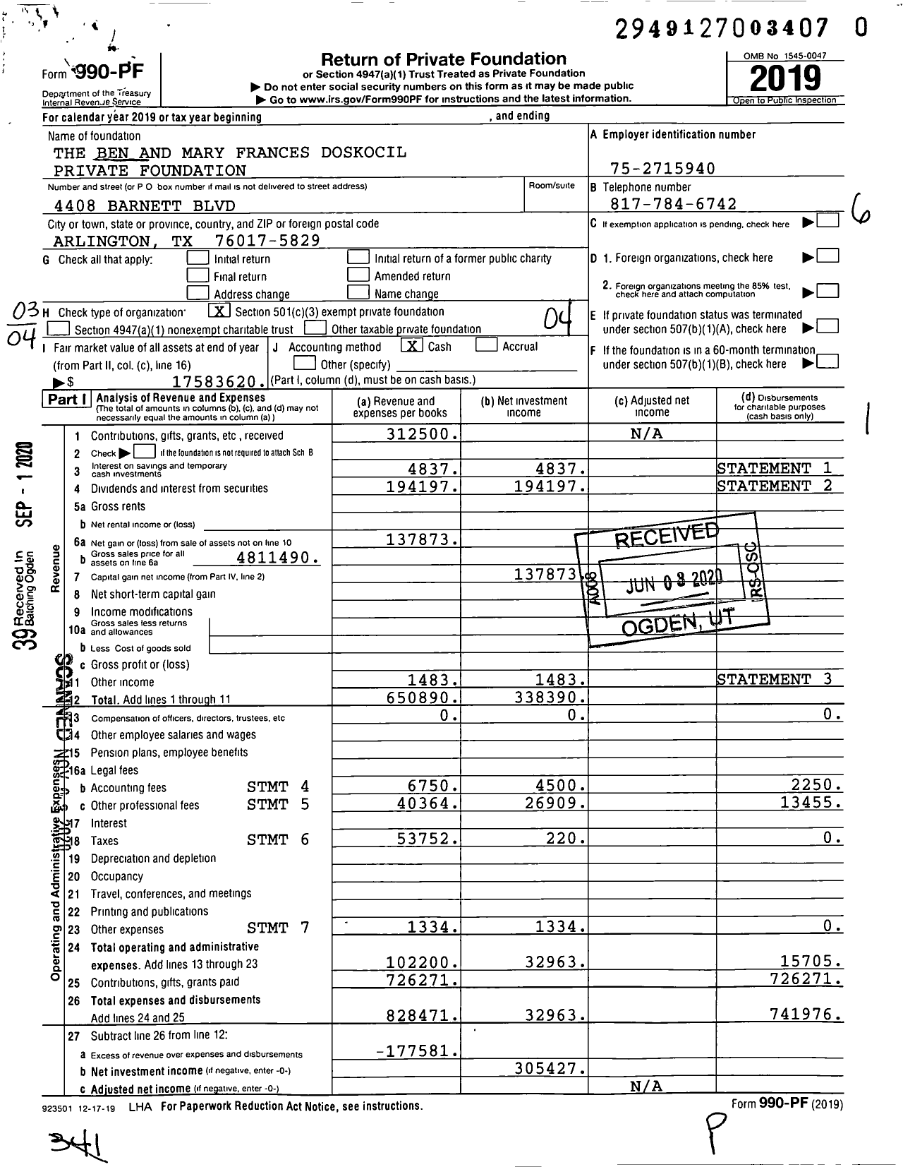 Image of first page of 2019 Form 990PF for The Ben and Mary Doskocil Family Foundation