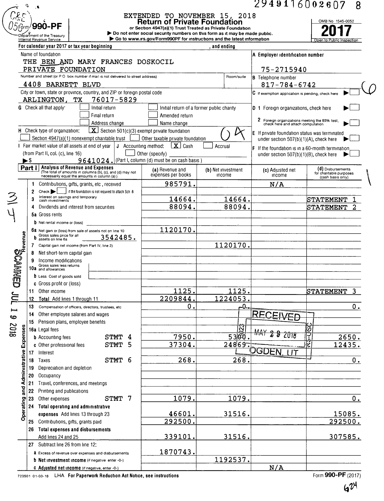 Image of first page of 2017 Form 990PF for The Ben and Mary Doskocil Family Foundation