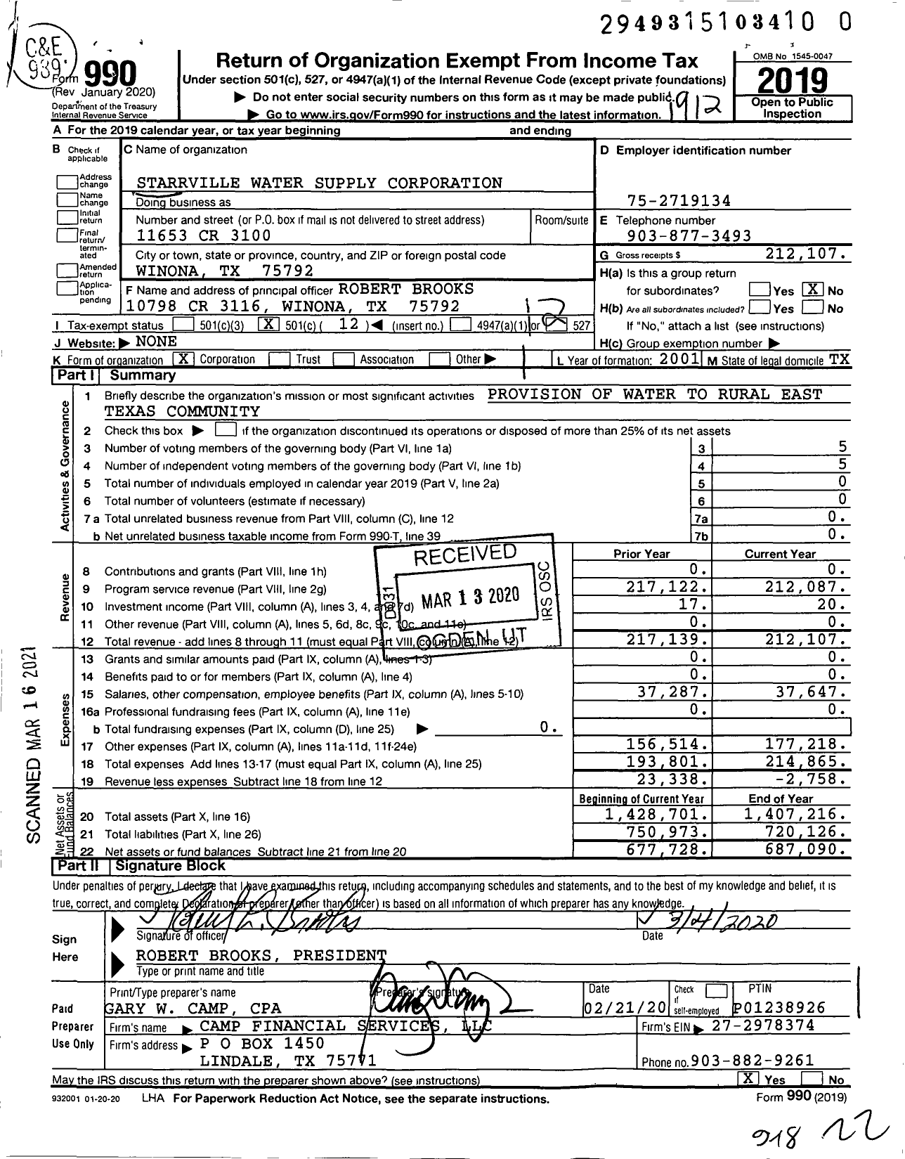 Image of first page of 2019 Form 990O for Starrville Water Supply Corporation