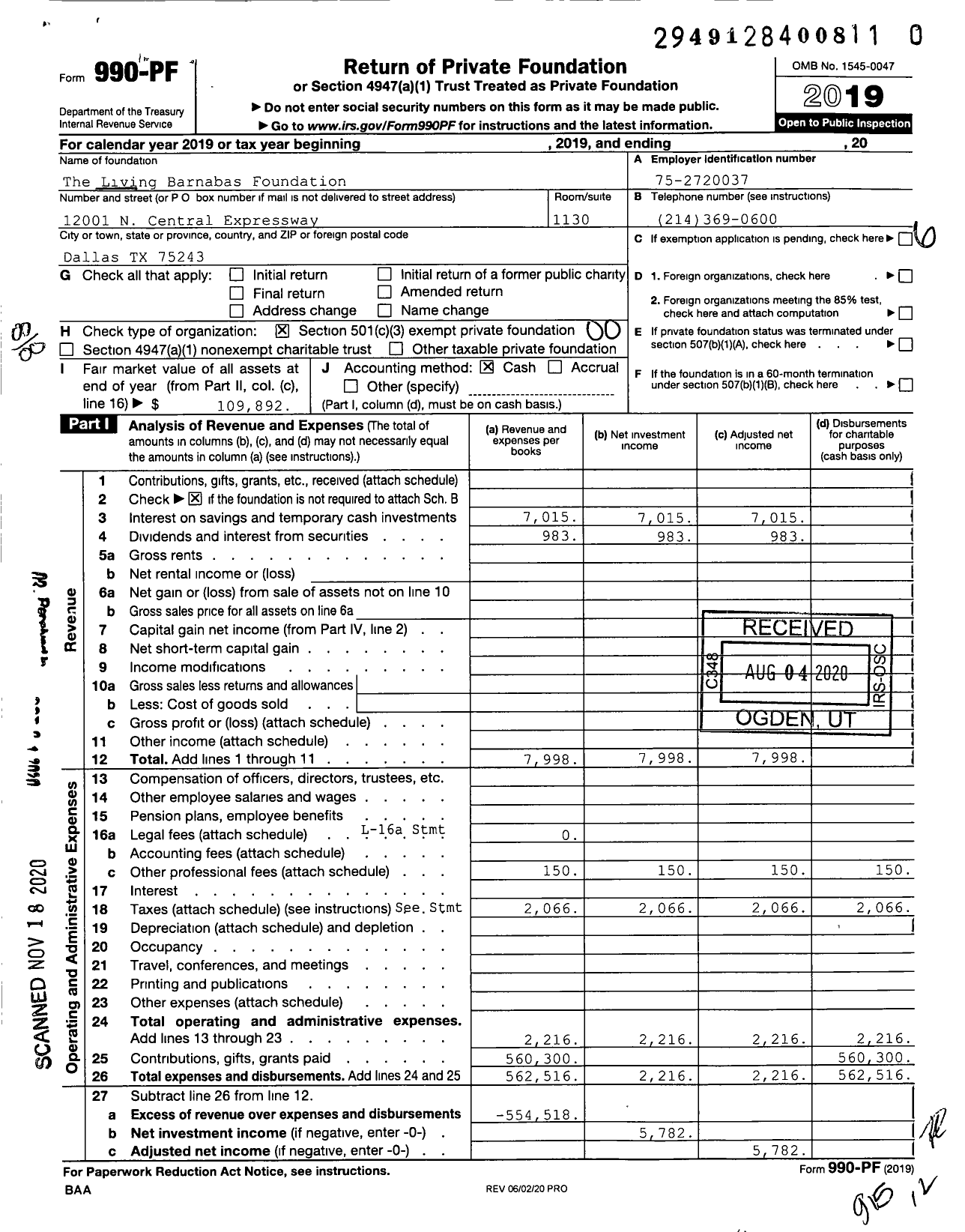 Image of first page of 2019 Form 990PF for The Living Barnabas Foundation