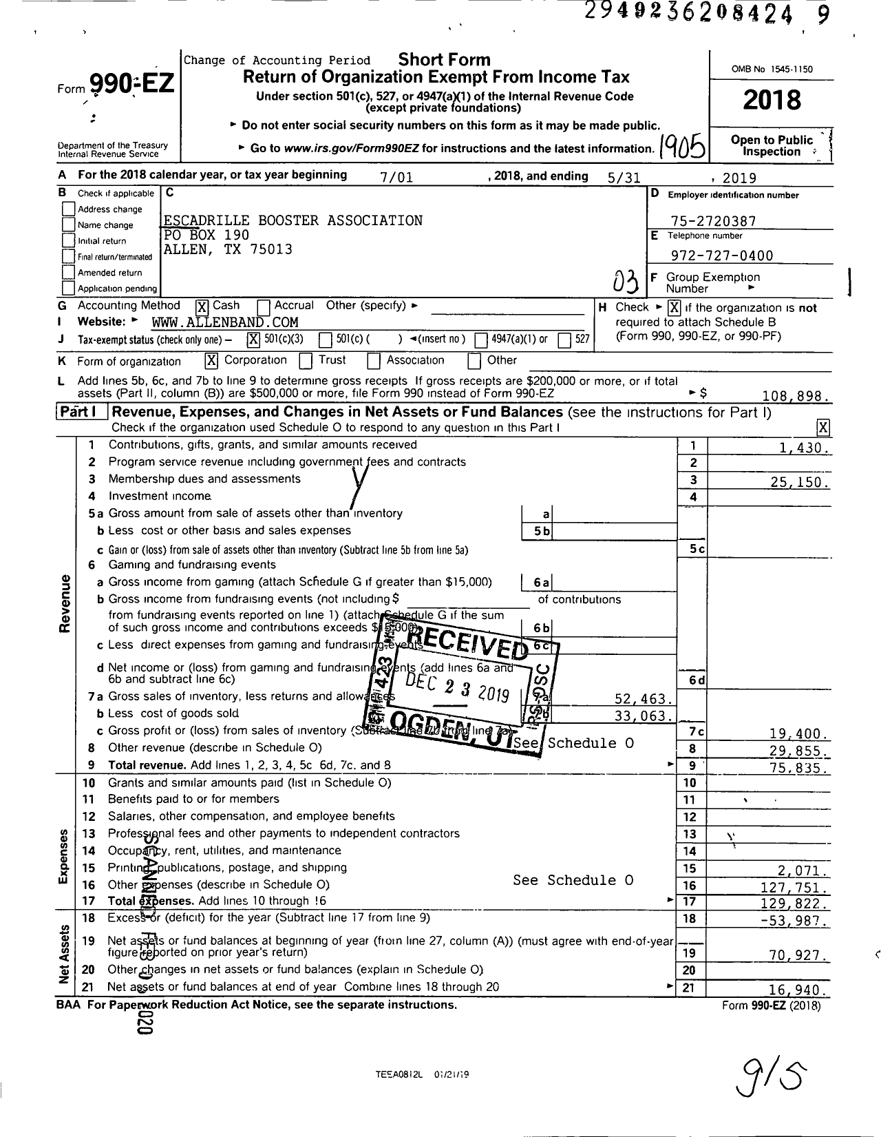 Image of first page of 2018 Form 990EZ for Escadrille Booster Association