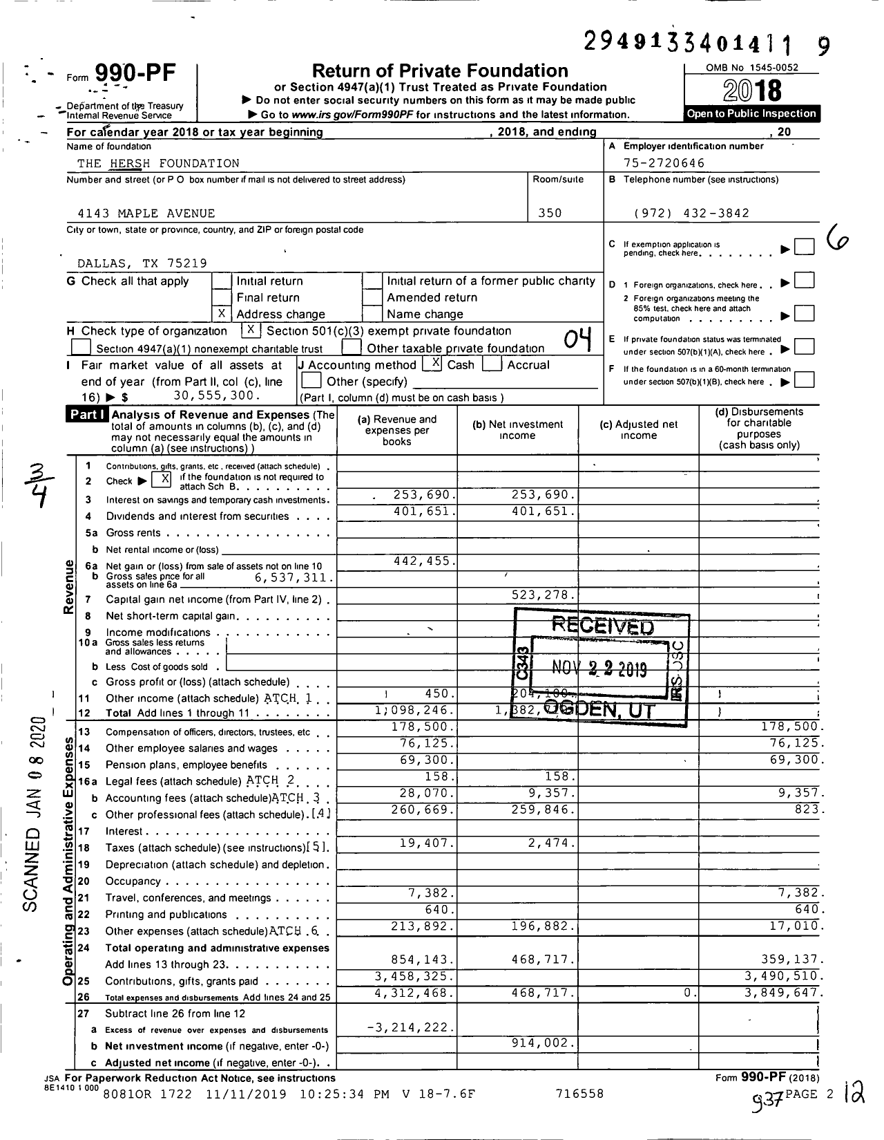 Image of first page of 2018 Form 990PF for Hersh Foundation