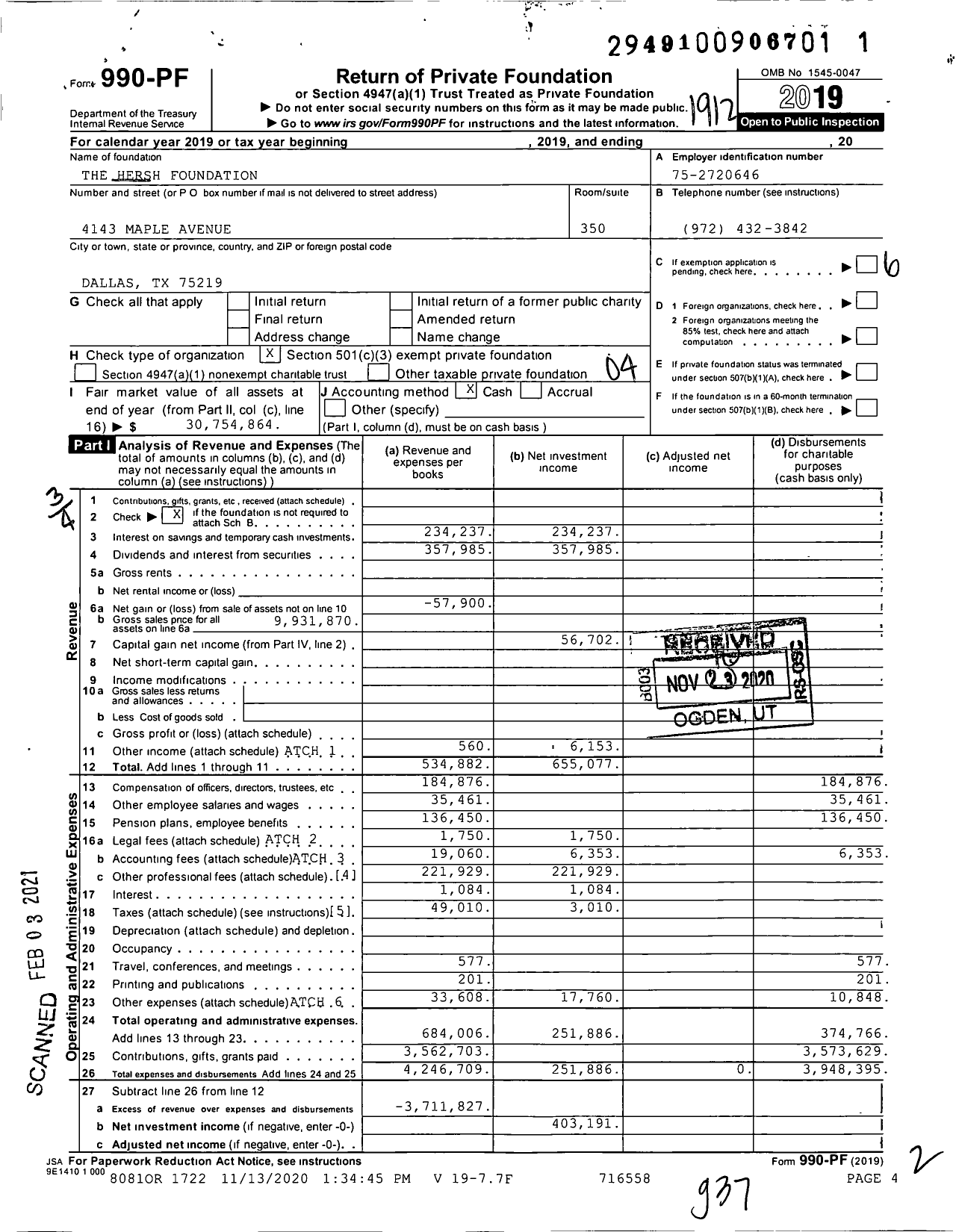 Image of first page of 2019 Form 990PF for Hersh Foundation