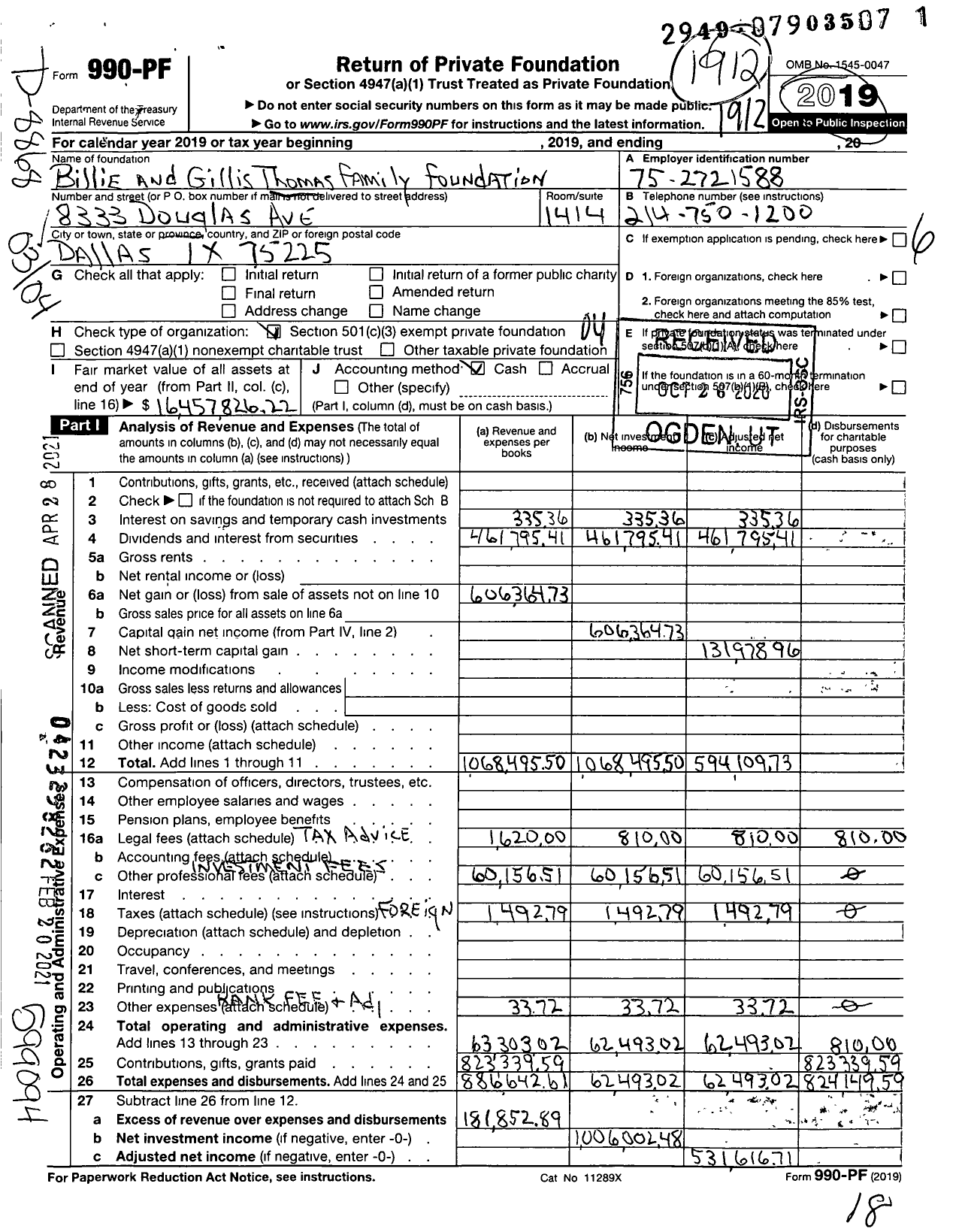 Image of first page of 2019 Form 990PF for Billie and Gillis Thomas Family Foundation