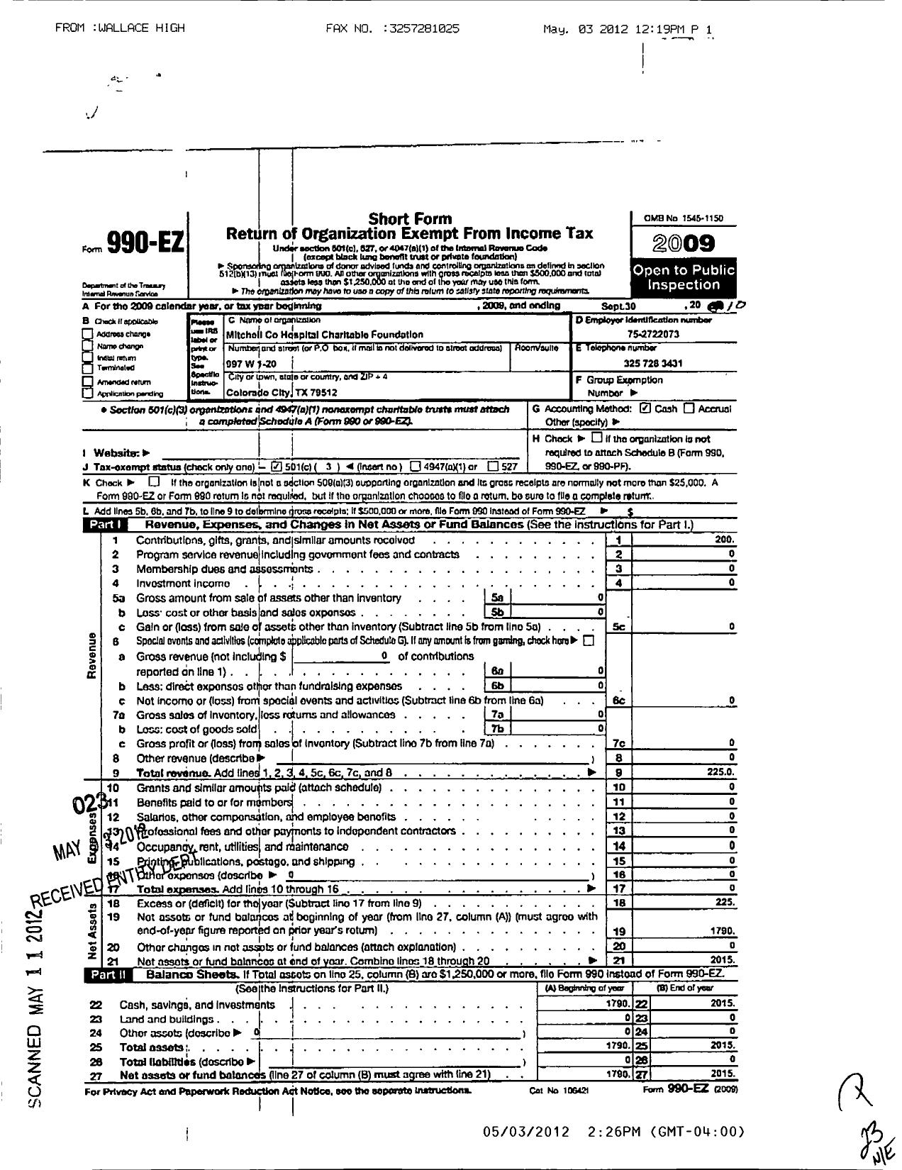 Image of first page of 2008 Form 990EZ for Mitchell County Hospital Charitable Foundation