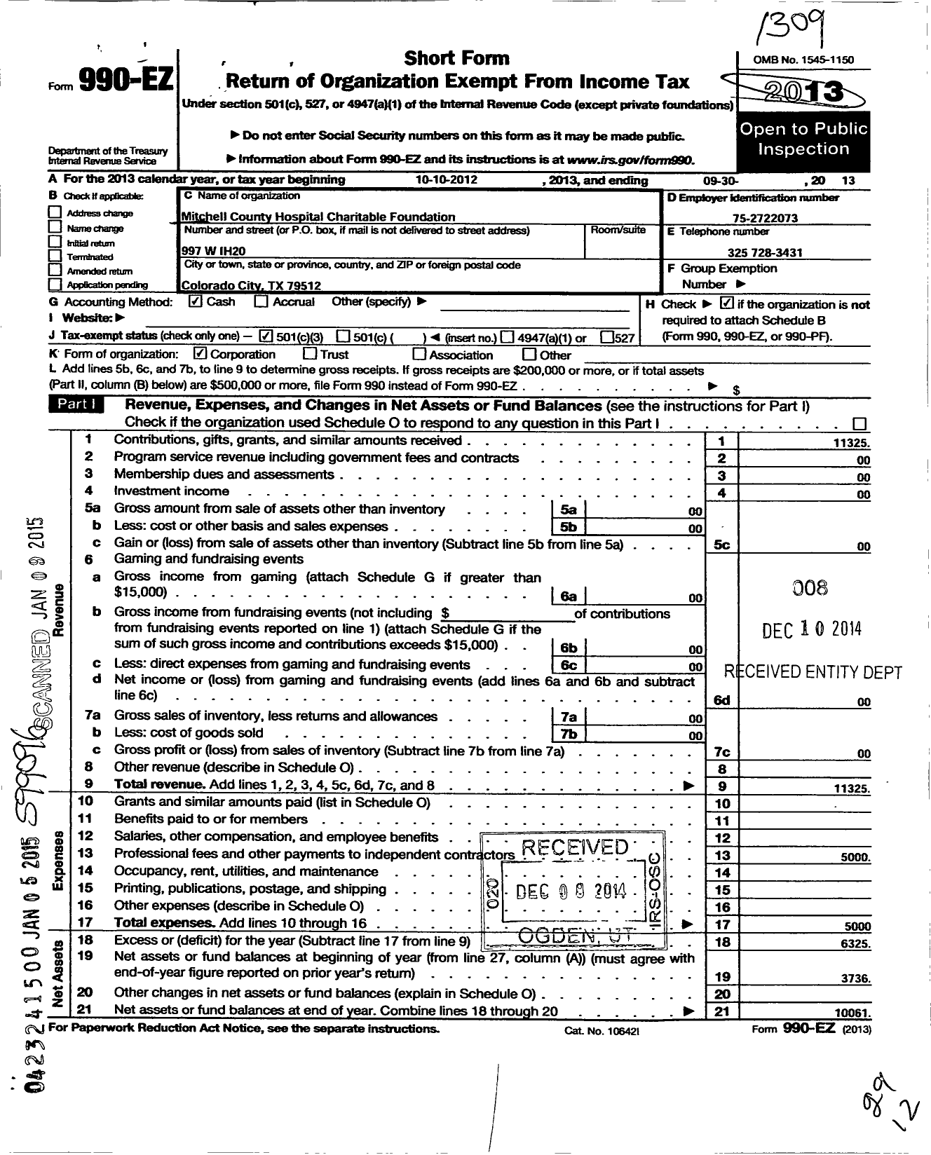 Image of first page of 2012 Form 990EZ for Mitchell County Hospital Charitable Foundation