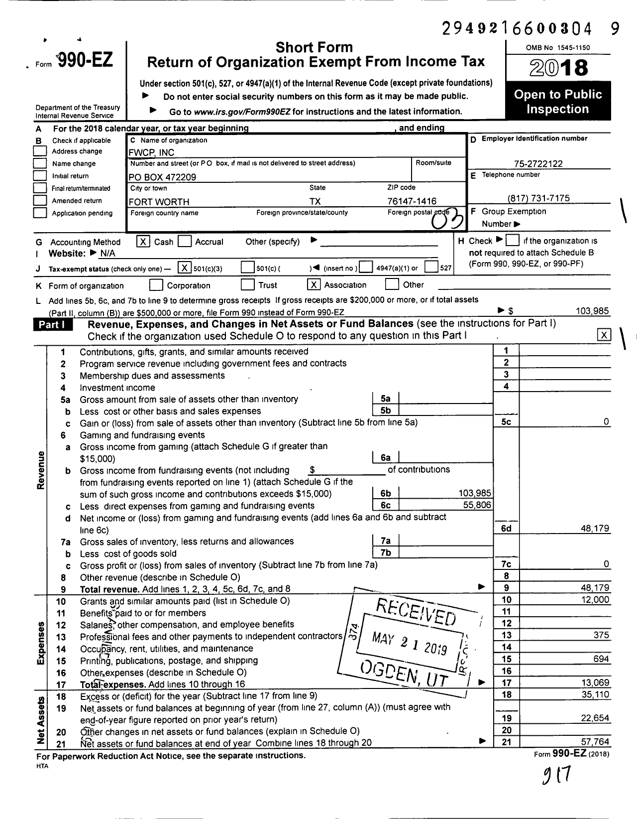 Image of first page of 2018 Form 990EZ for FWCP