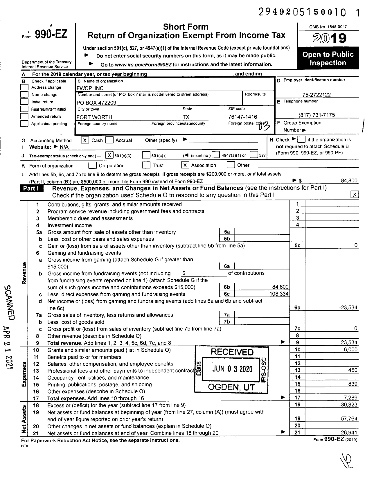 Image of first page of 2019 Form 990EZ for FWCP