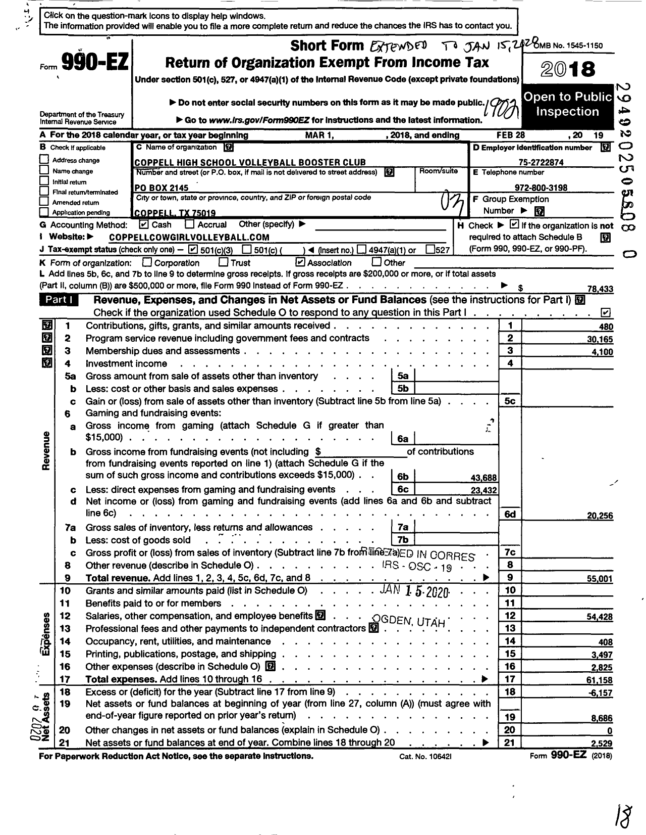 Image of first page of 2018 Form 990EZ for Coppell High School Volleyball Booster Club