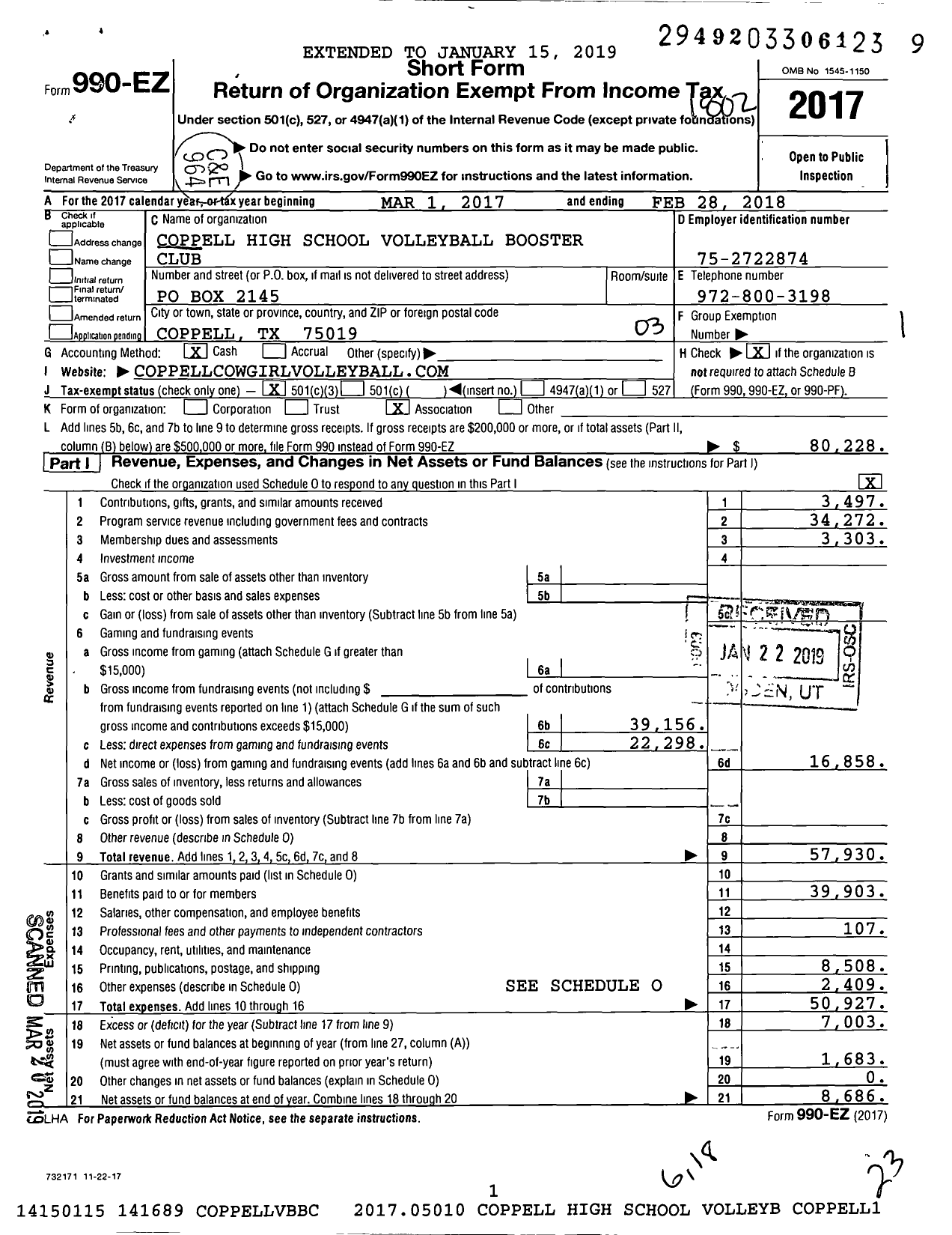 Image of first page of 2017 Form 990EZ for Coppell High School Volleyball Booster Club