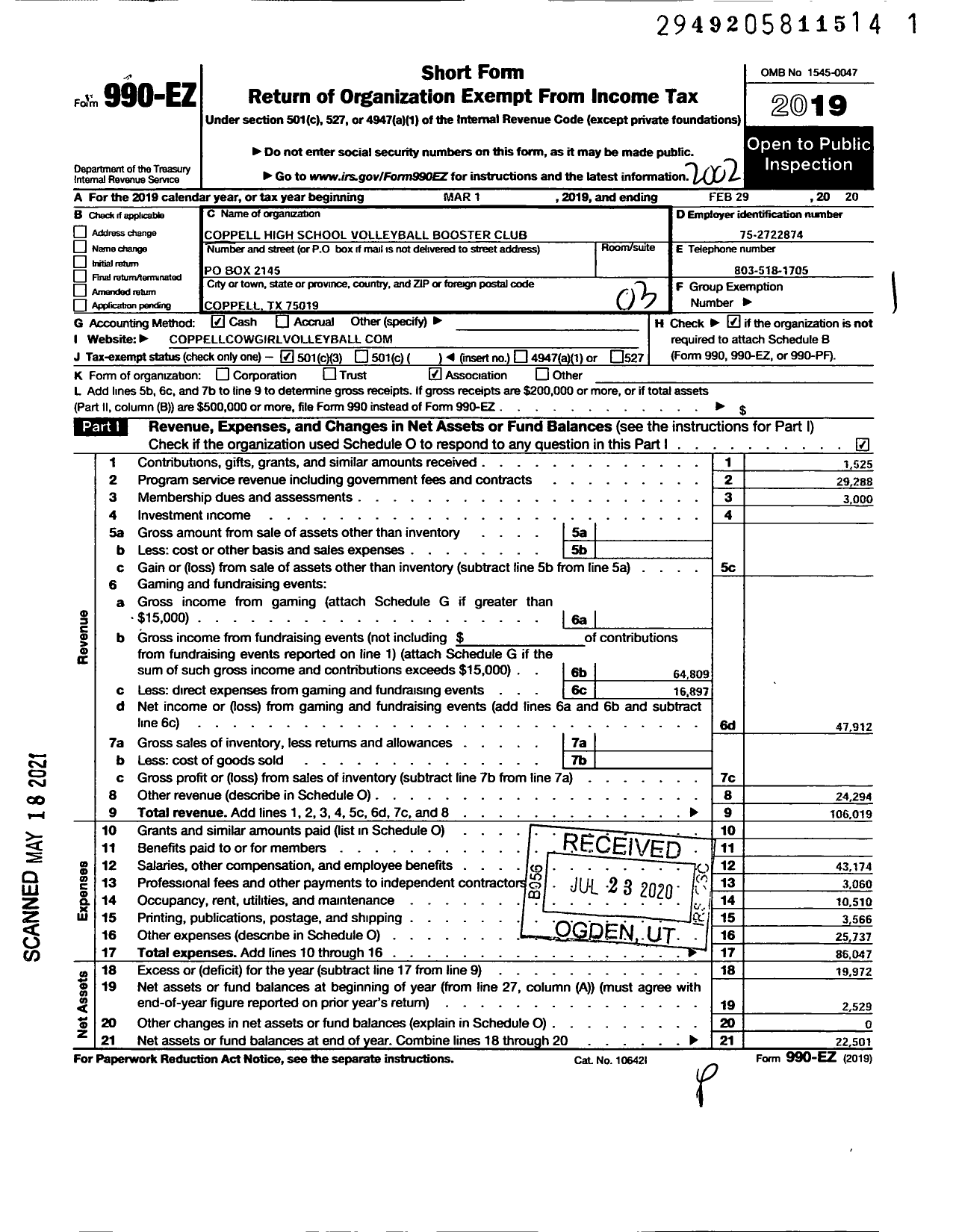 Image of first page of 2019 Form 990EZ for Coppell High School Volleyball Booster Club