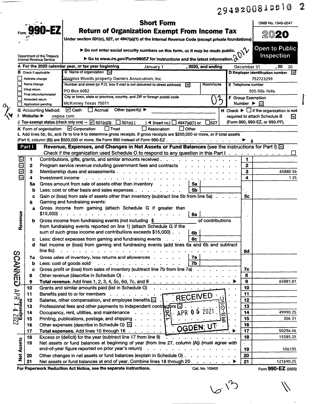 Image of first page of 2020 Form 990EZ for Virginia Woods Property Owners