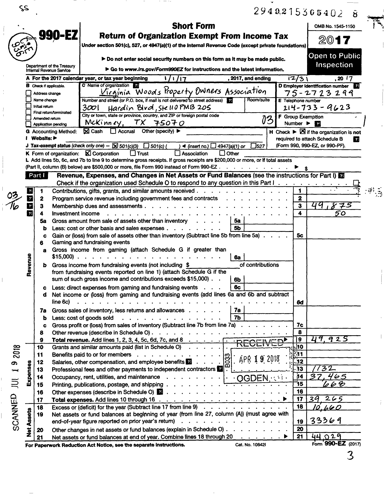 Image of first page of 2017 Form 990EZ for Virginia Woods Property Owners