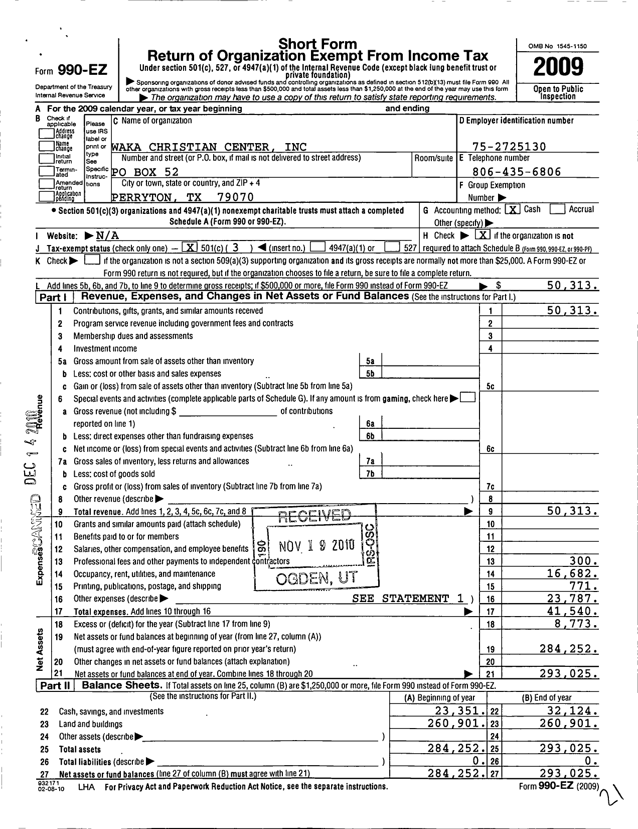 Image of first page of 2009 Form 990EZ for Waka Christian Center