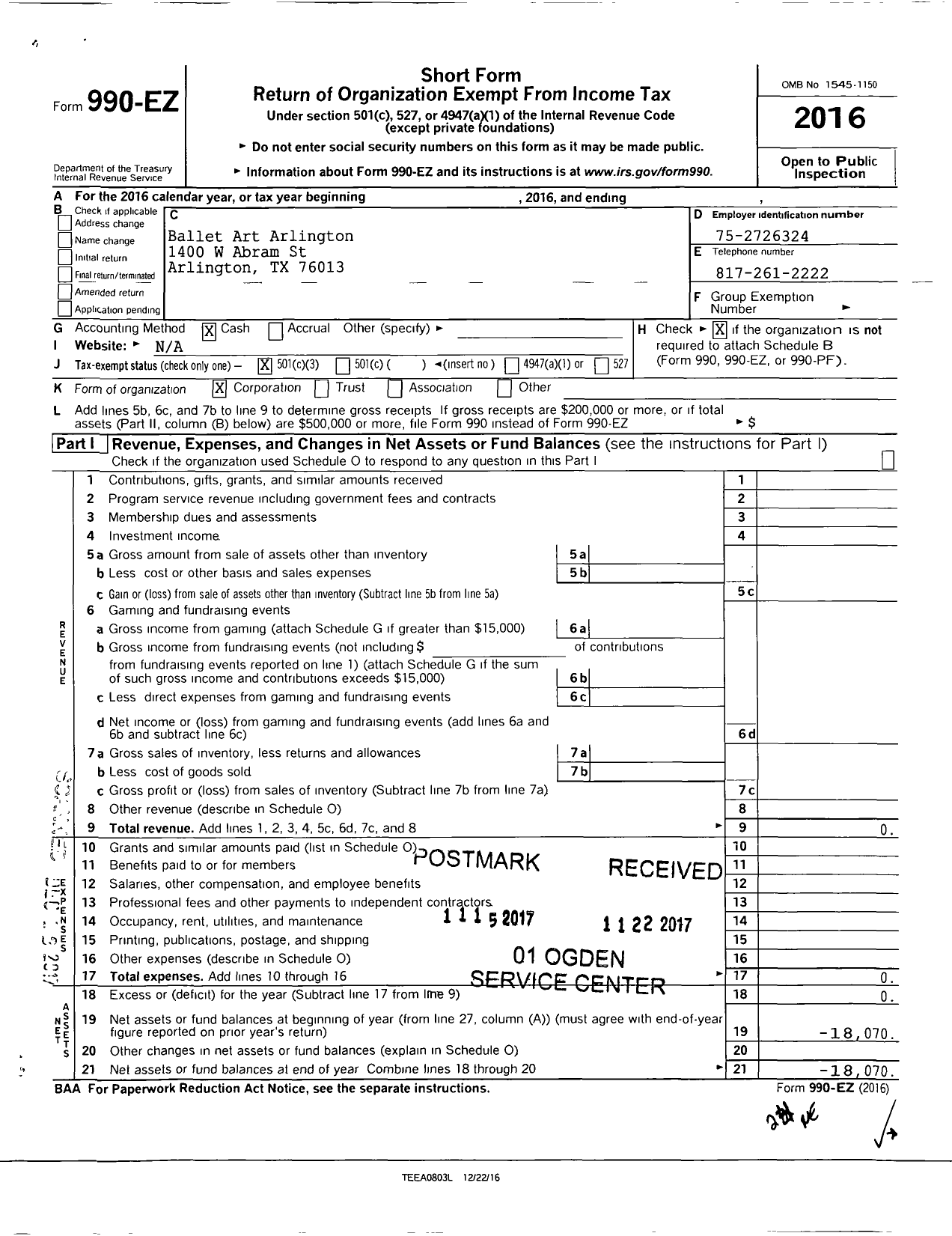 Image of first page of 2016 Form 990EZ for Ballet Art Arlington