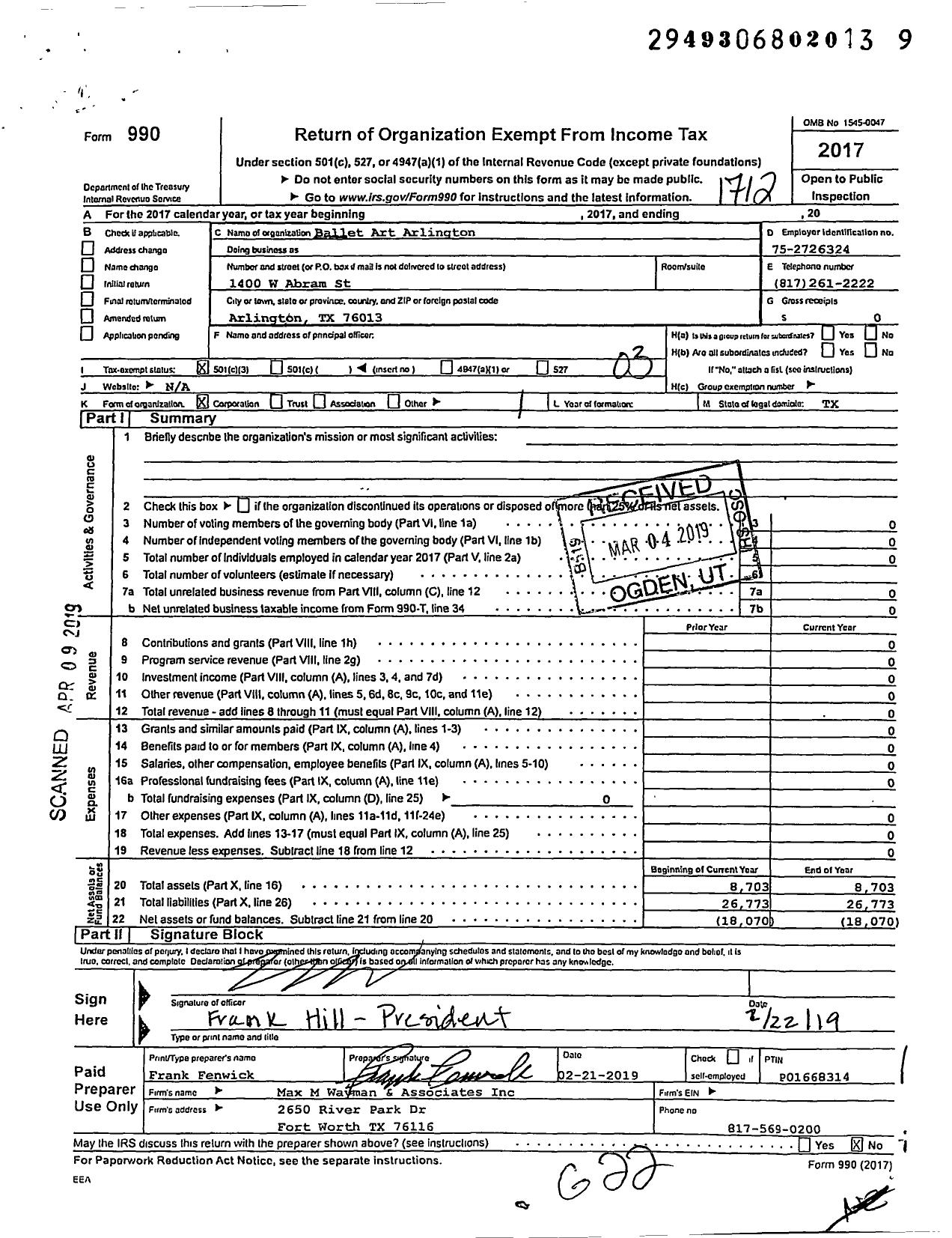 Image of first page of 2017 Form 990 for Ballet Art Arlington