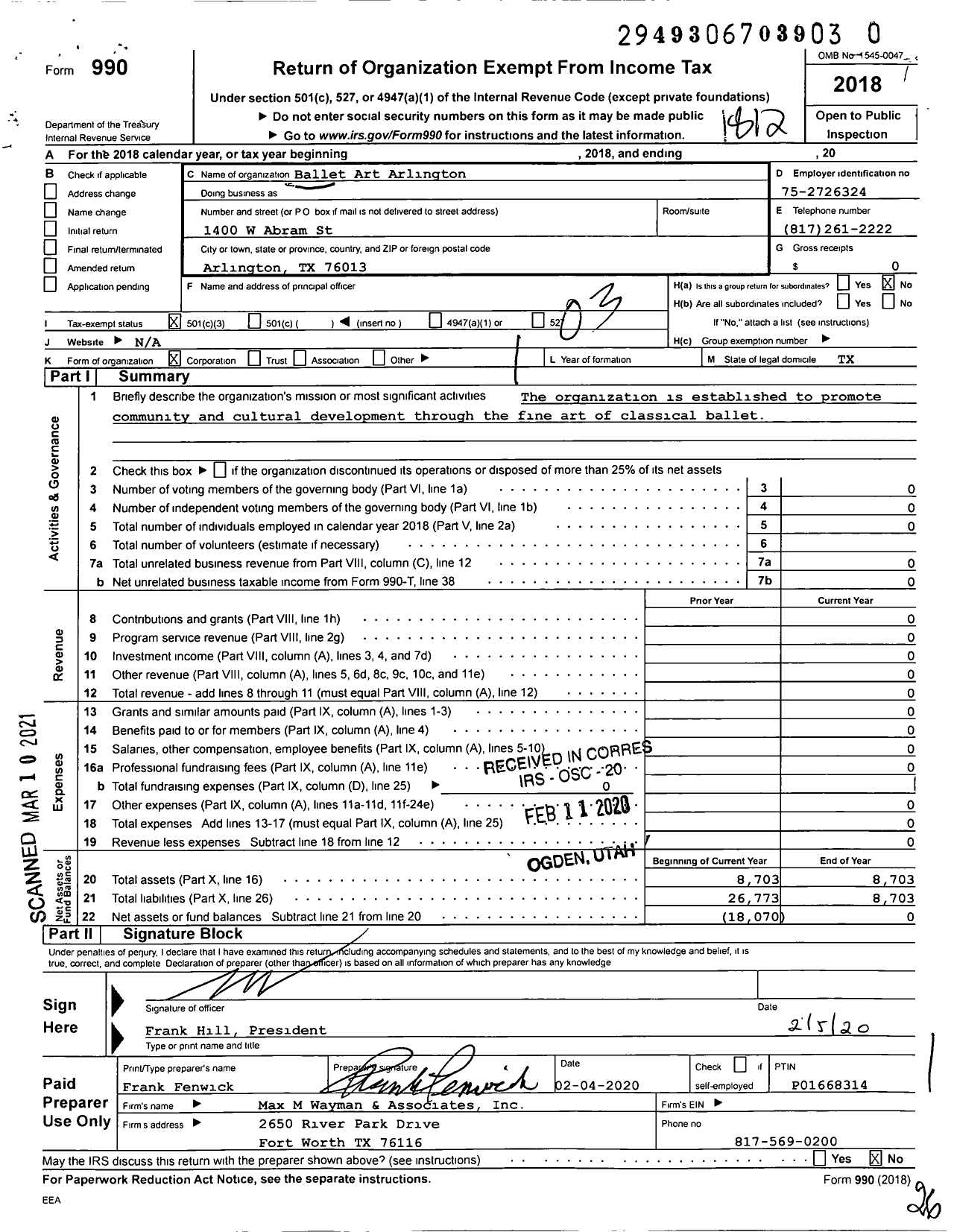 Image of first page of 2018 Form 990 for Ballet Art Arlington