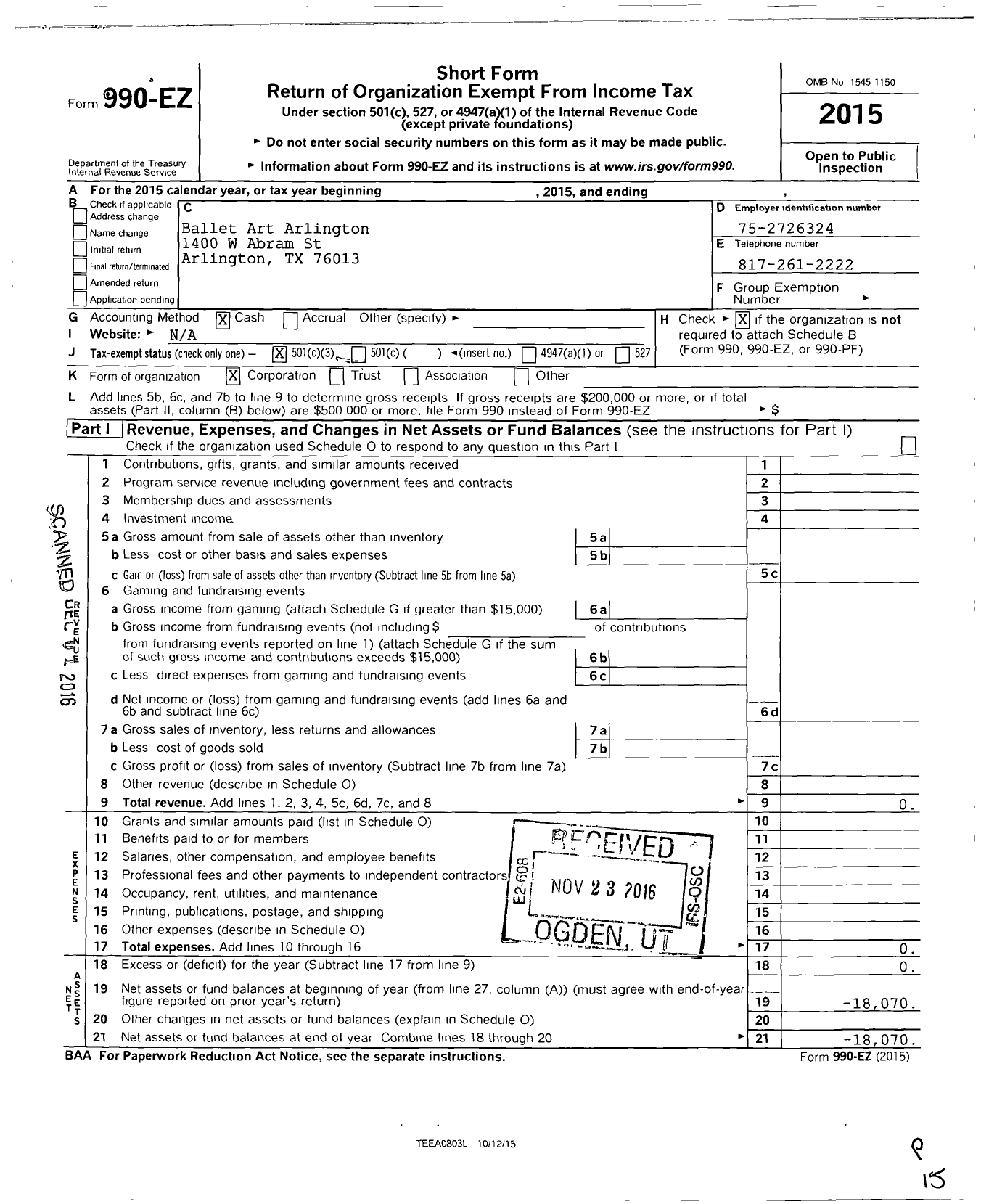 Image of first page of 2015 Form 990EZ for Ballet Art Arlington