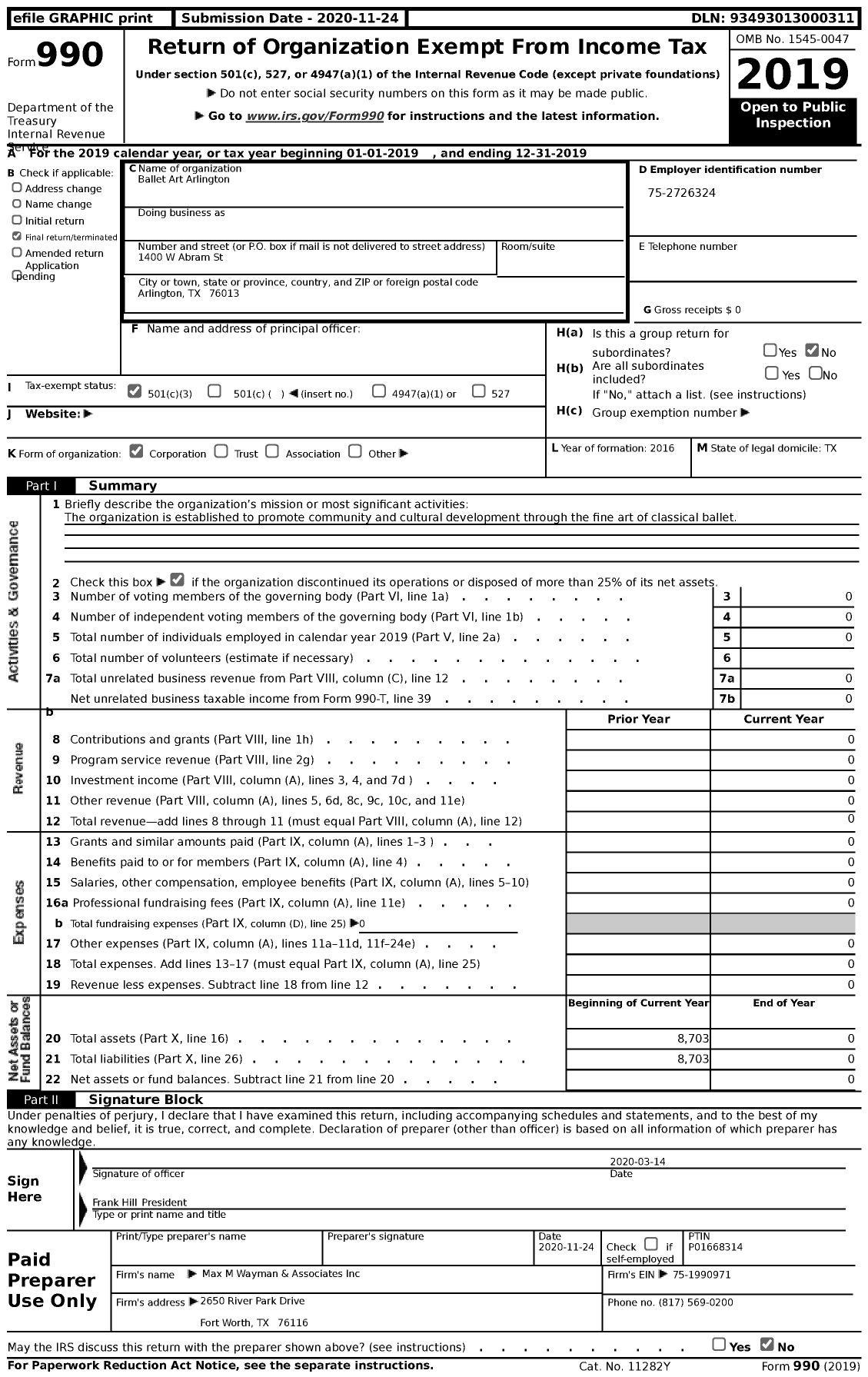 Image of first page of 2019 Form 990 for Ballet Art Arlington