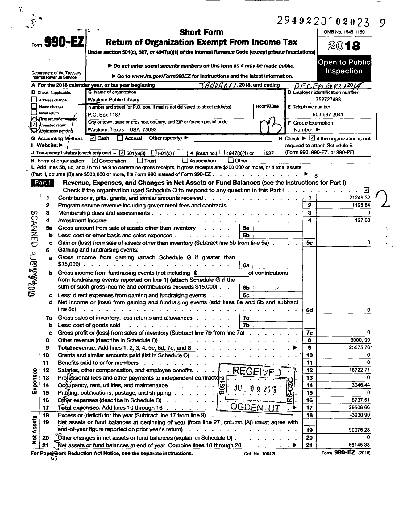 Image of first page of 2018 Form 990EZ for Waskom Public Library