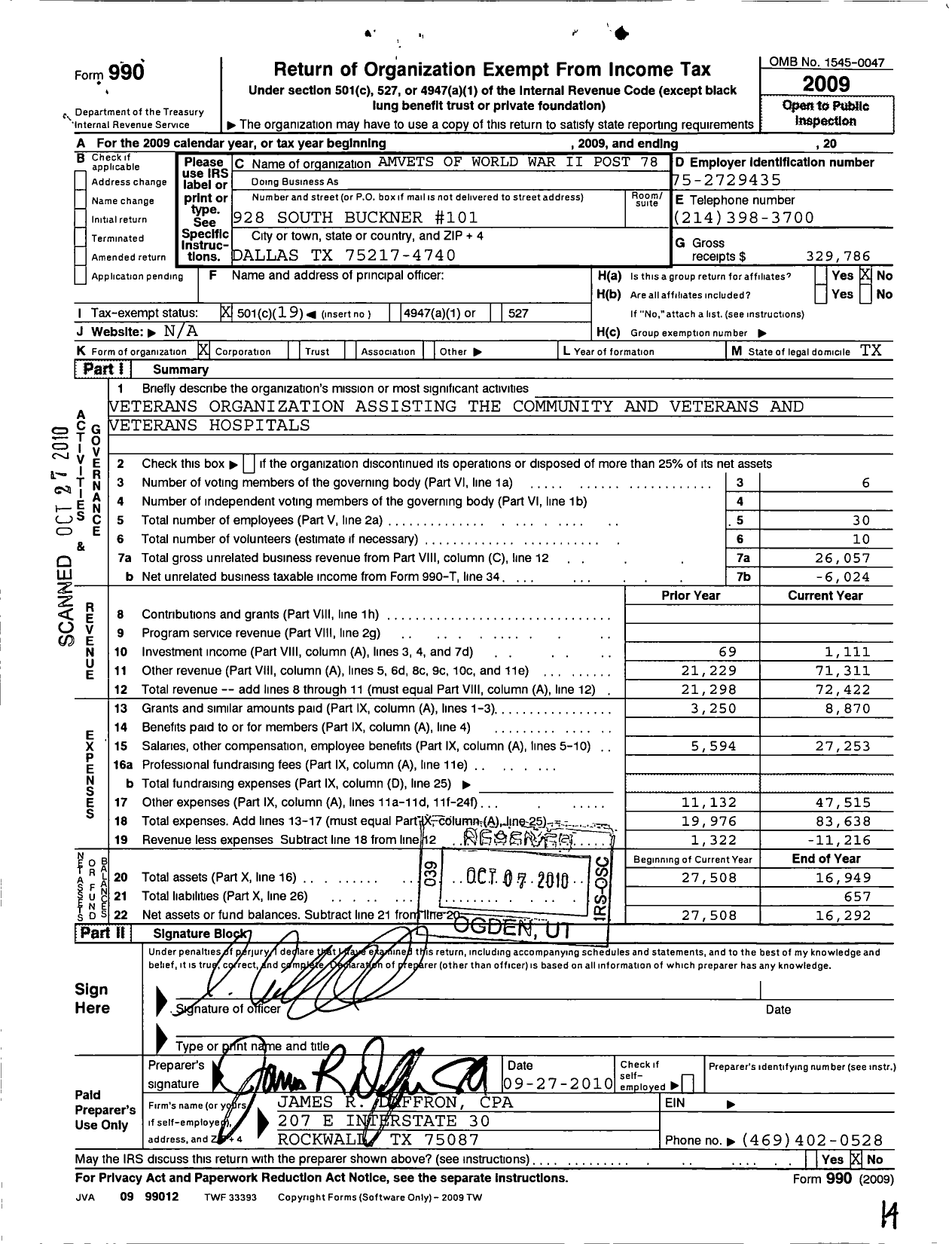 Image of first page of 2009 Form 990O for Amvets of World War Ii Post 78