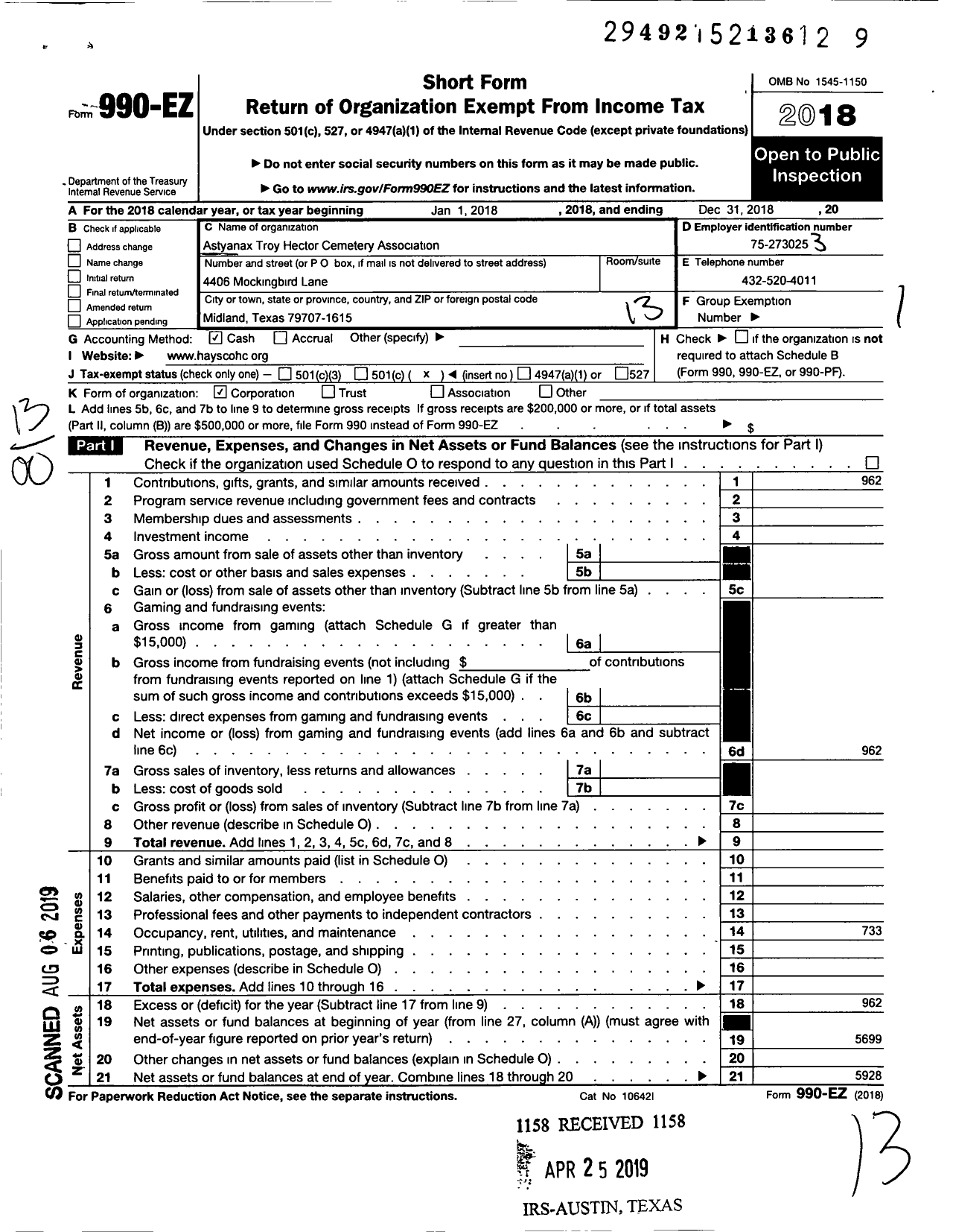 Image of first page of 2018 Form 990EO for Astyanax Troy Hector Cemetery Association