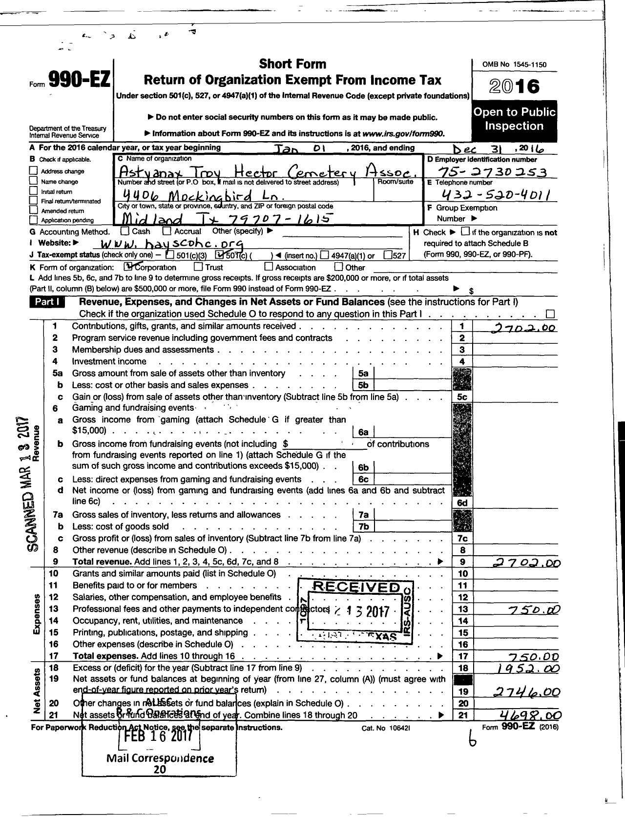 Image of first page of 2016 Form 990EO for Astyanax Troy Hector Cemetery Association