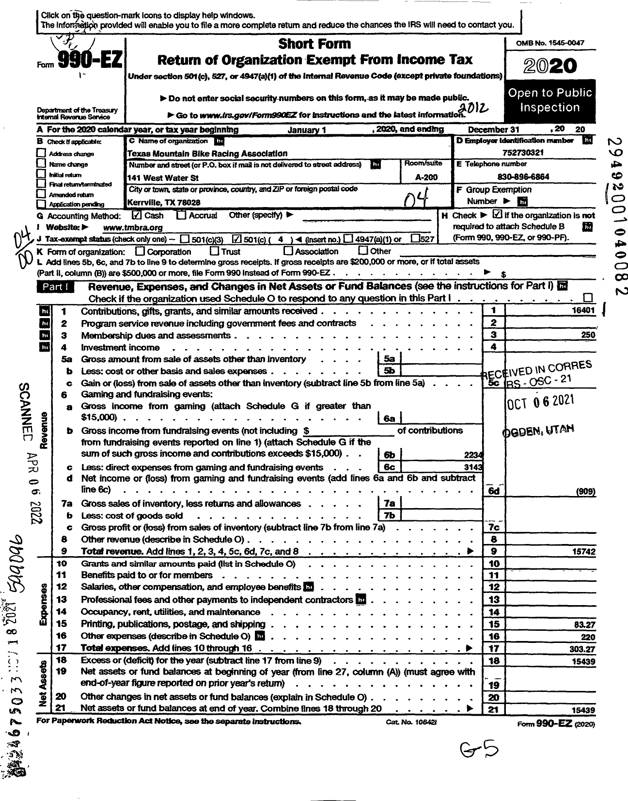 Image of first page of 2020 Form 990EO for Texas Mountain Bike Racing Association (TMBRA)