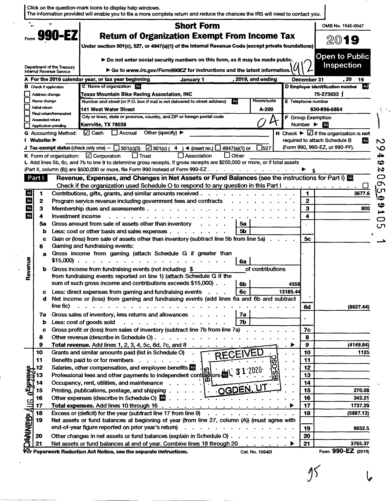 Image of first page of 2019 Form 990EO for Texas Mountain Bike Racing Association (TMBRA)