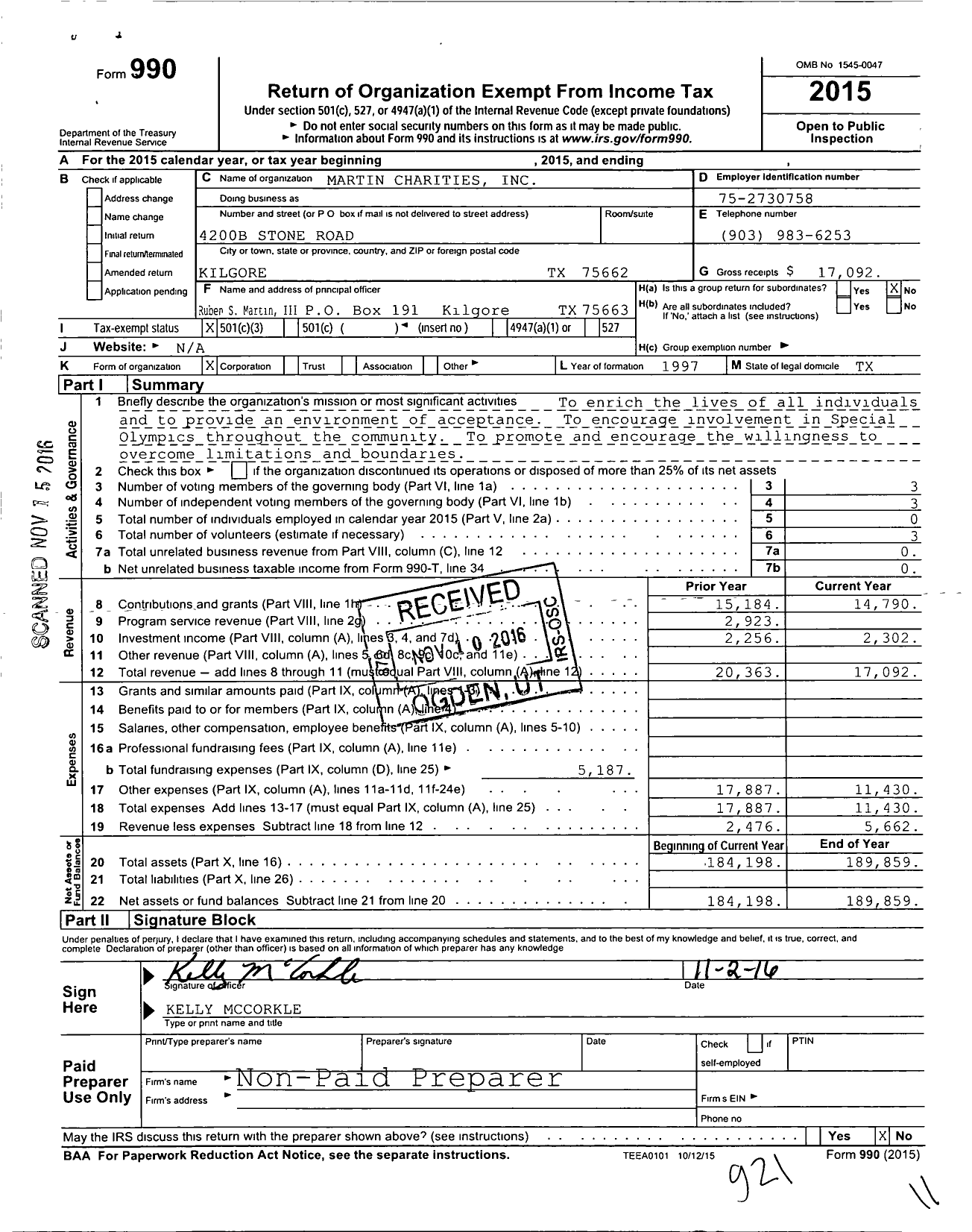 Image of first page of 2015 Form 990 for Martin Charities