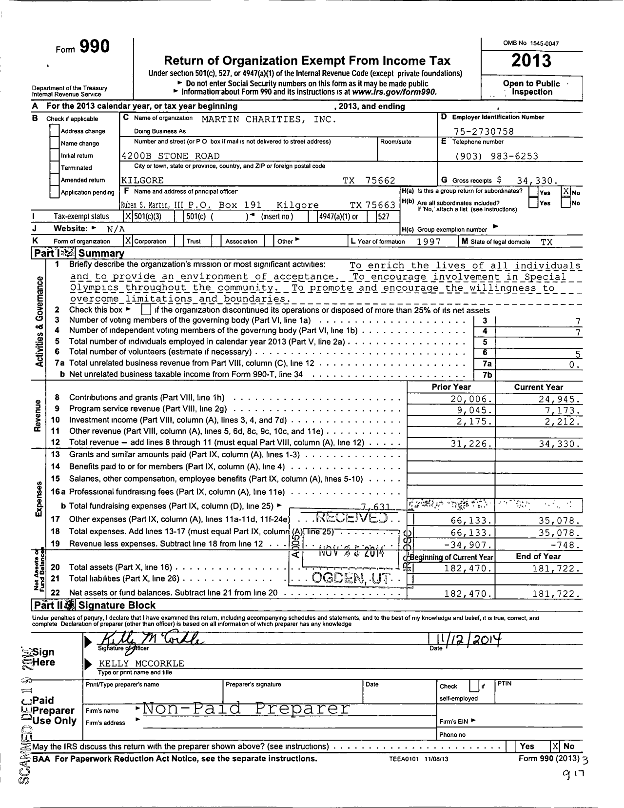 Image of first page of 2013 Form 990 for Martin Charities