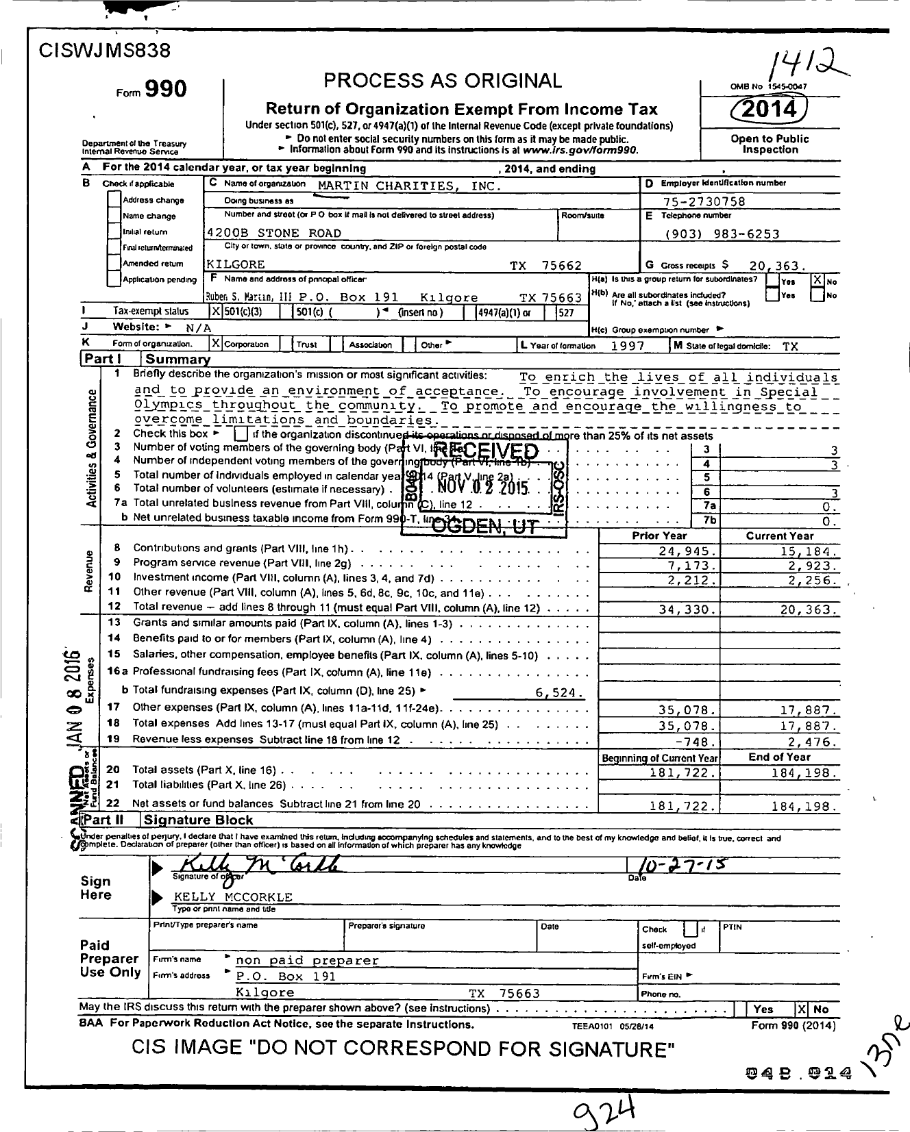 Image of first page of 2014 Form 990 for Martin Charities