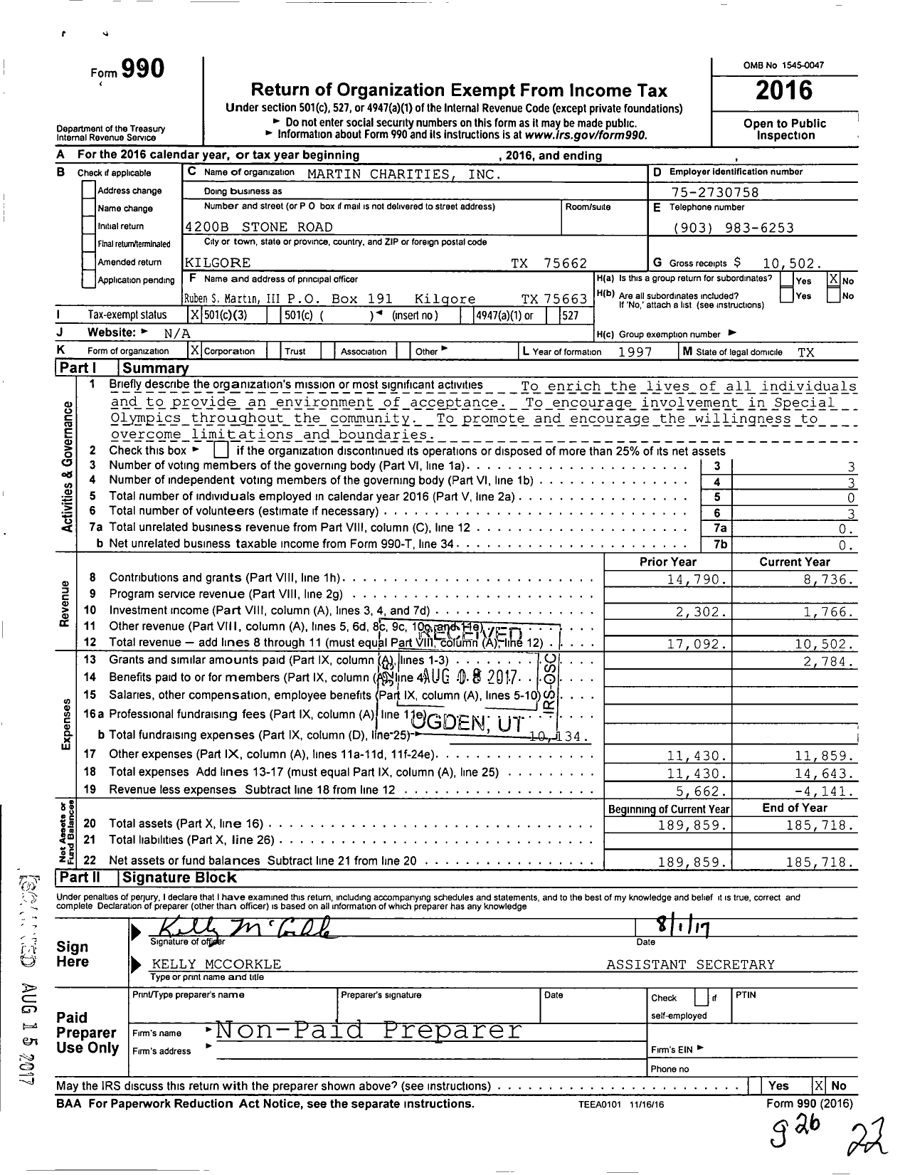 Image of first page of 2016 Form 990 for Martin Charities