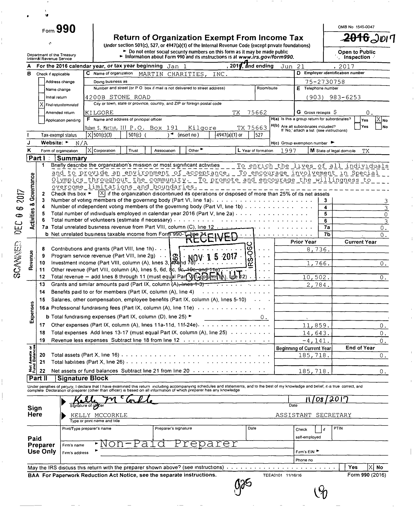 Image of first page of 2016 Form 990 for Martin Charities