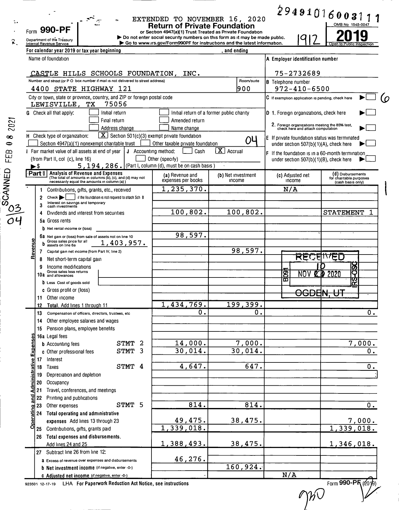 Image of first page of 2019 Form 990PF for Castle Hills Schools Foundation