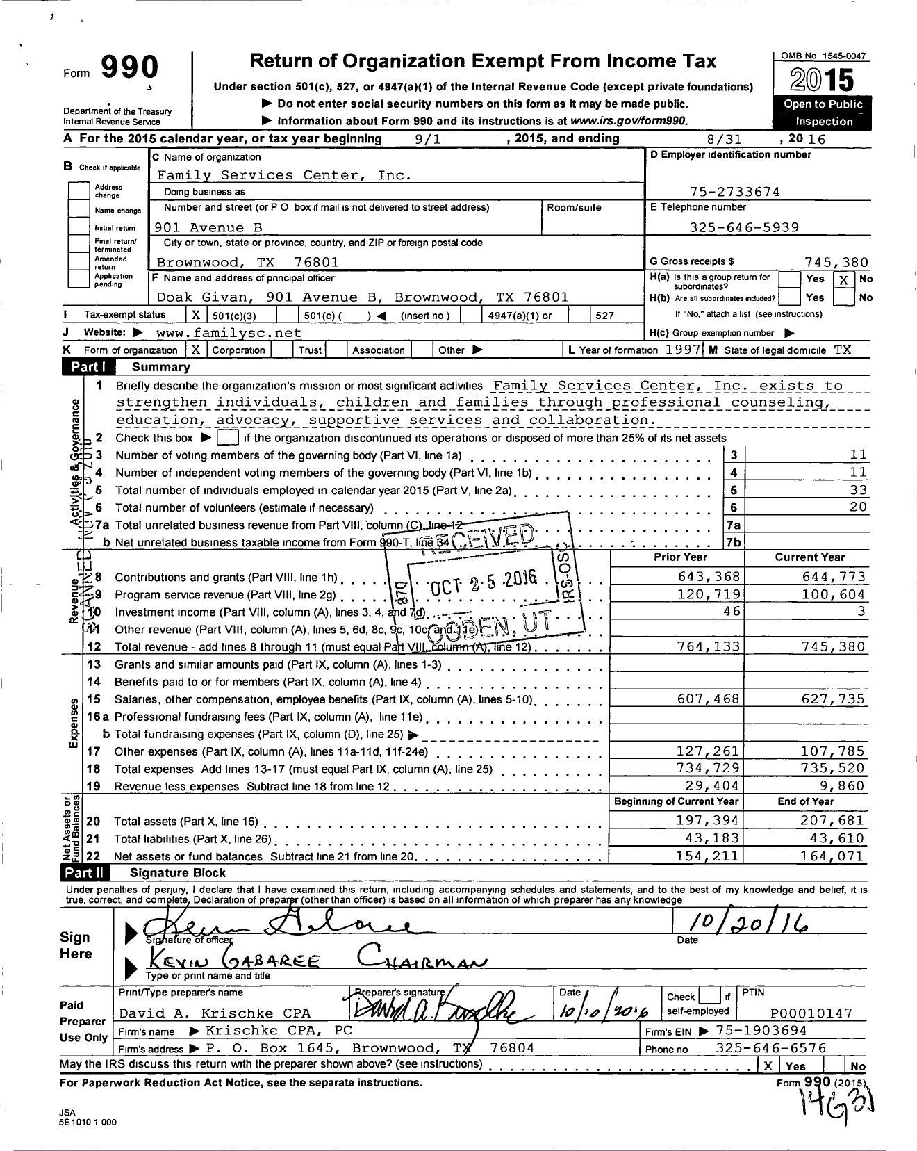 Image of first page of 2015 Form 990 for Family Services Center