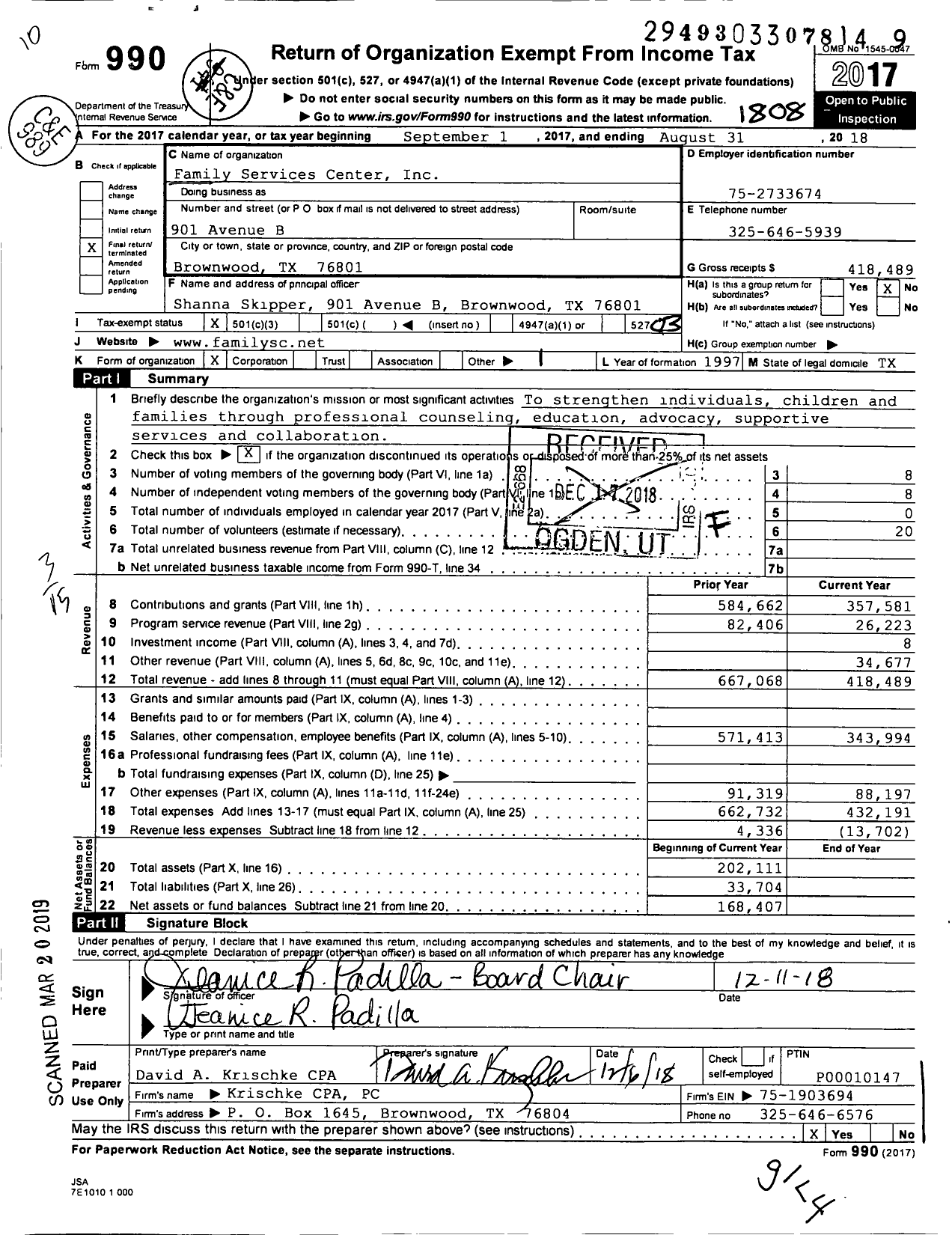Image of first page of 2017 Form 990 for Family Services Center