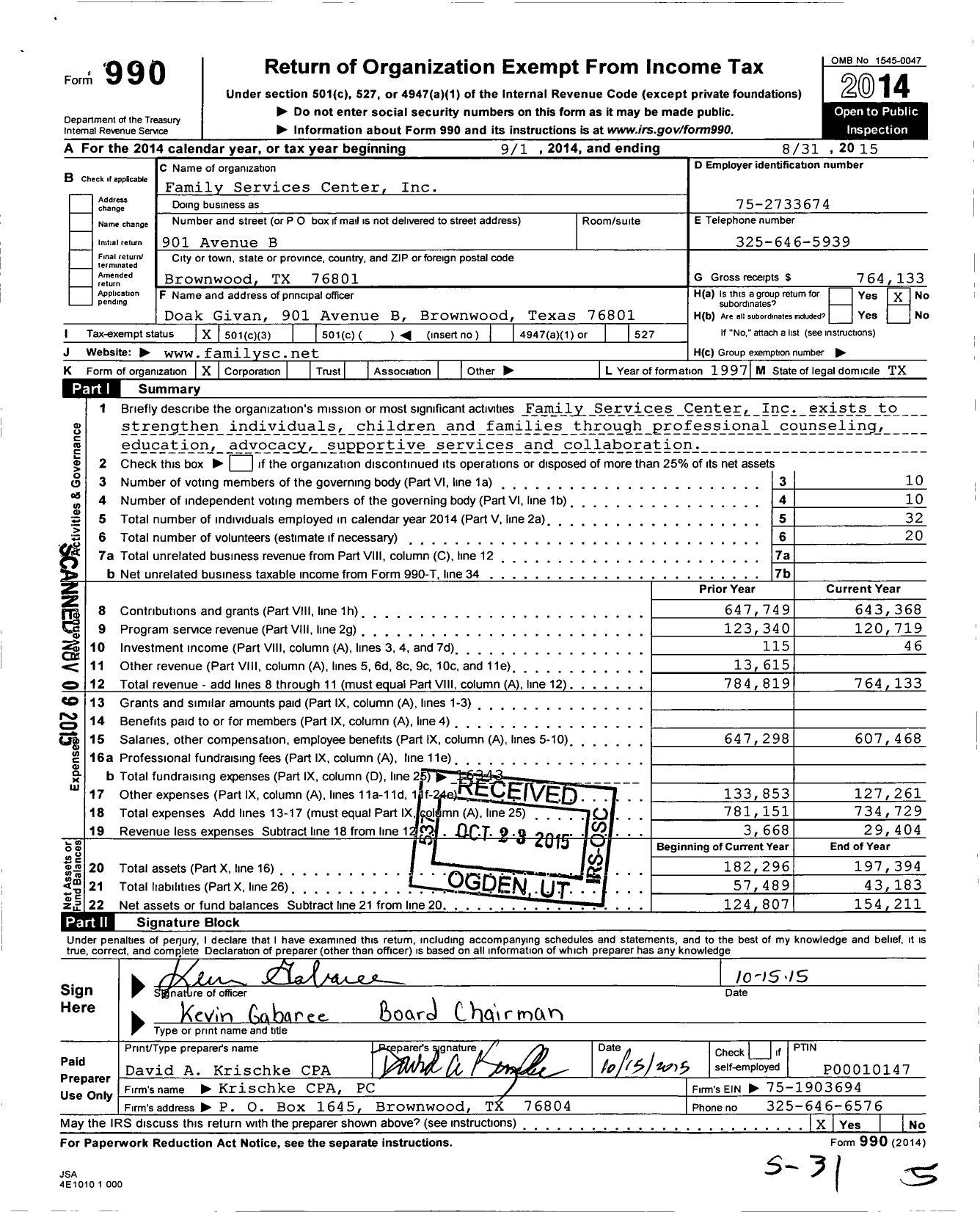 Image of first page of 2014 Form 990 for Family Services Center