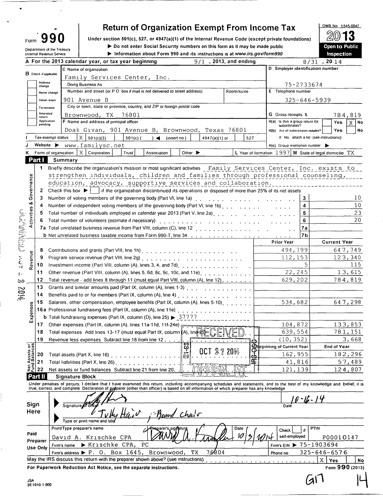 Image of first page of 2013 Form 990 for Family Services Center