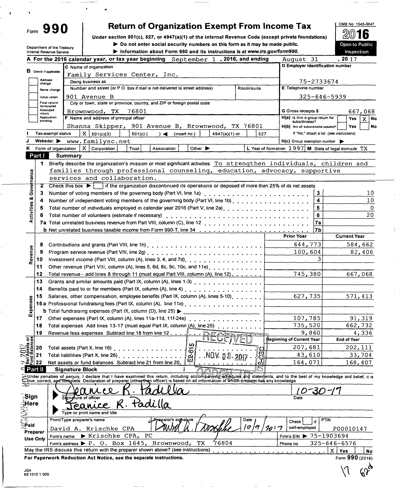 Image of first page of 2016 Form 990 for Family Services Center