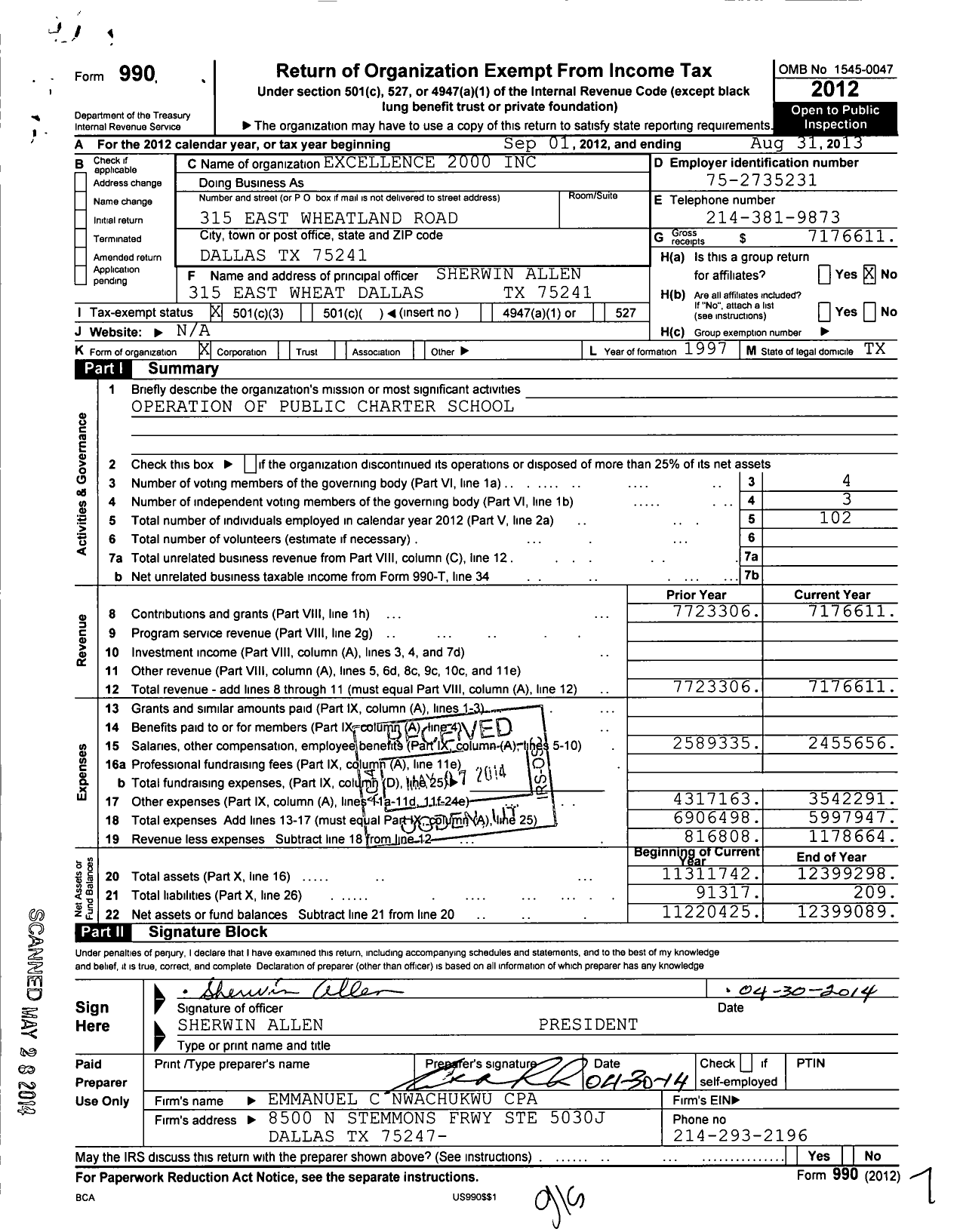 Image of first page of 2012 Form 990 for Excellence 2000